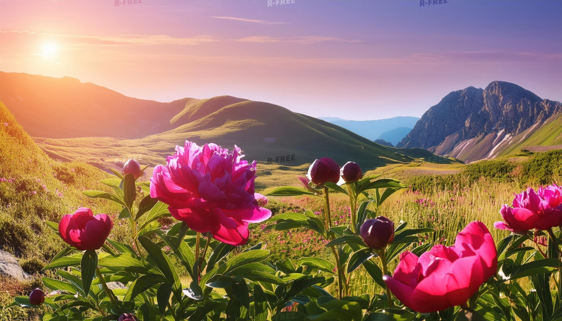 芍薬と山の風景・朝日に映えるつぼみと開花したピンクの花