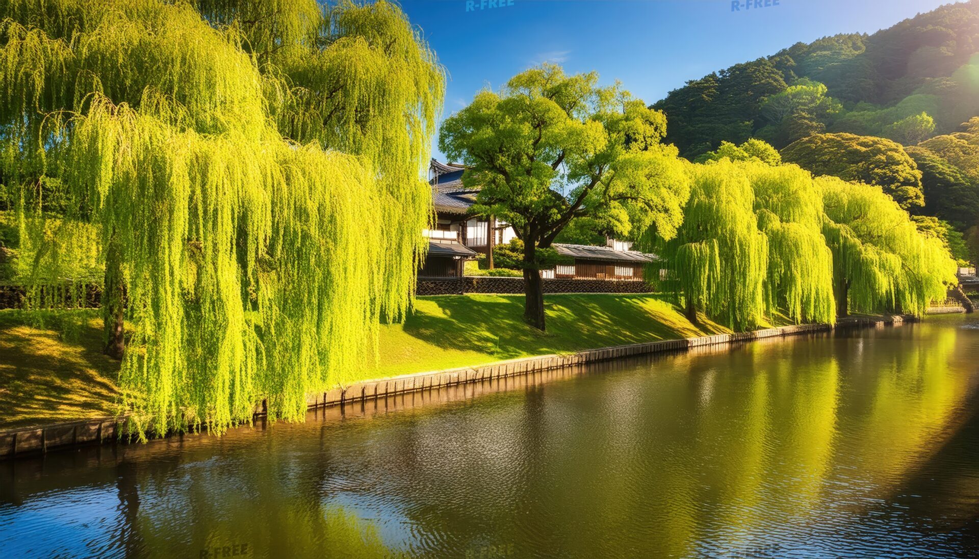 柳と日本庭園