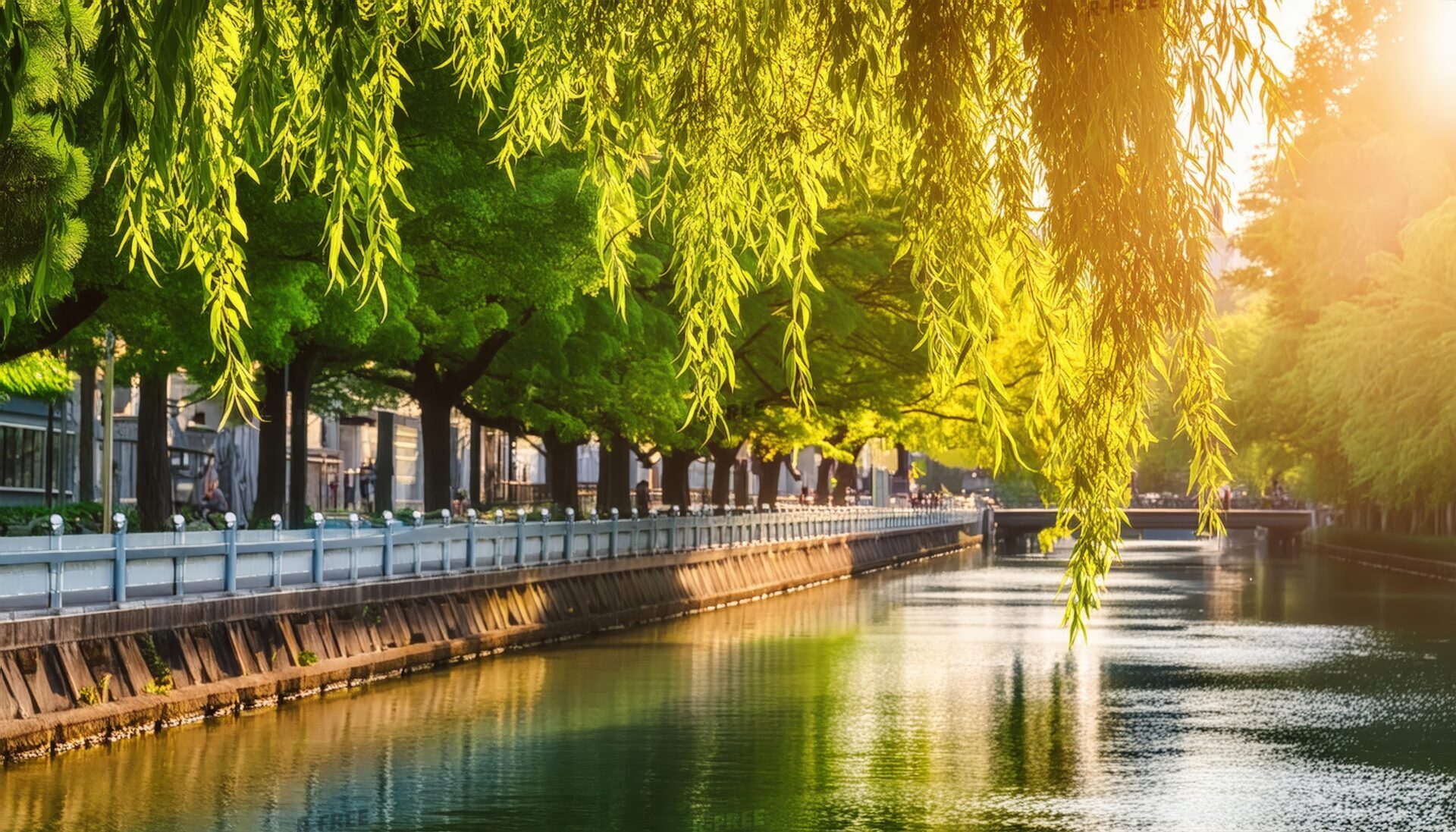 柳と都市の水辺