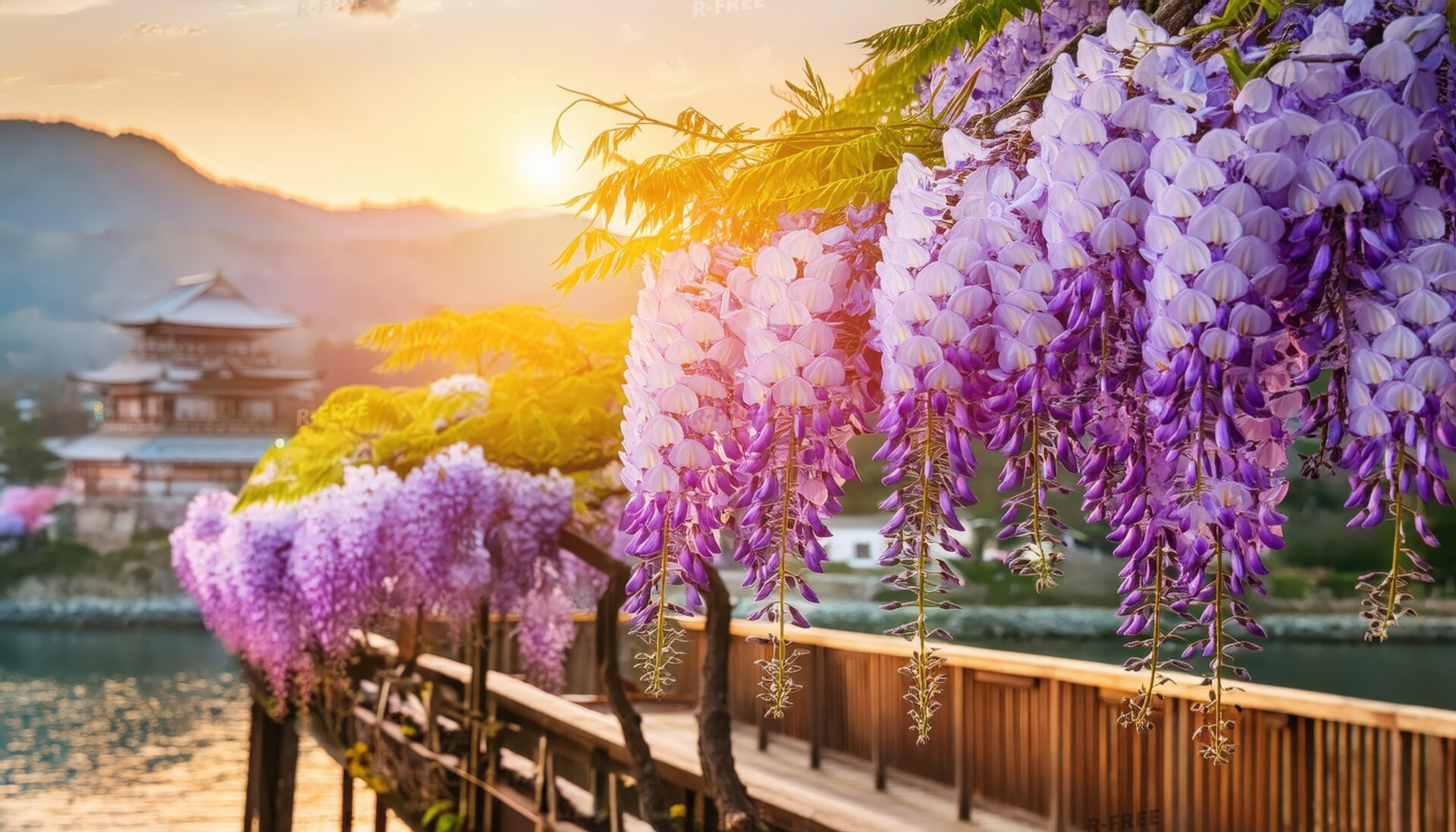 藤棚と夕焼けの橋
