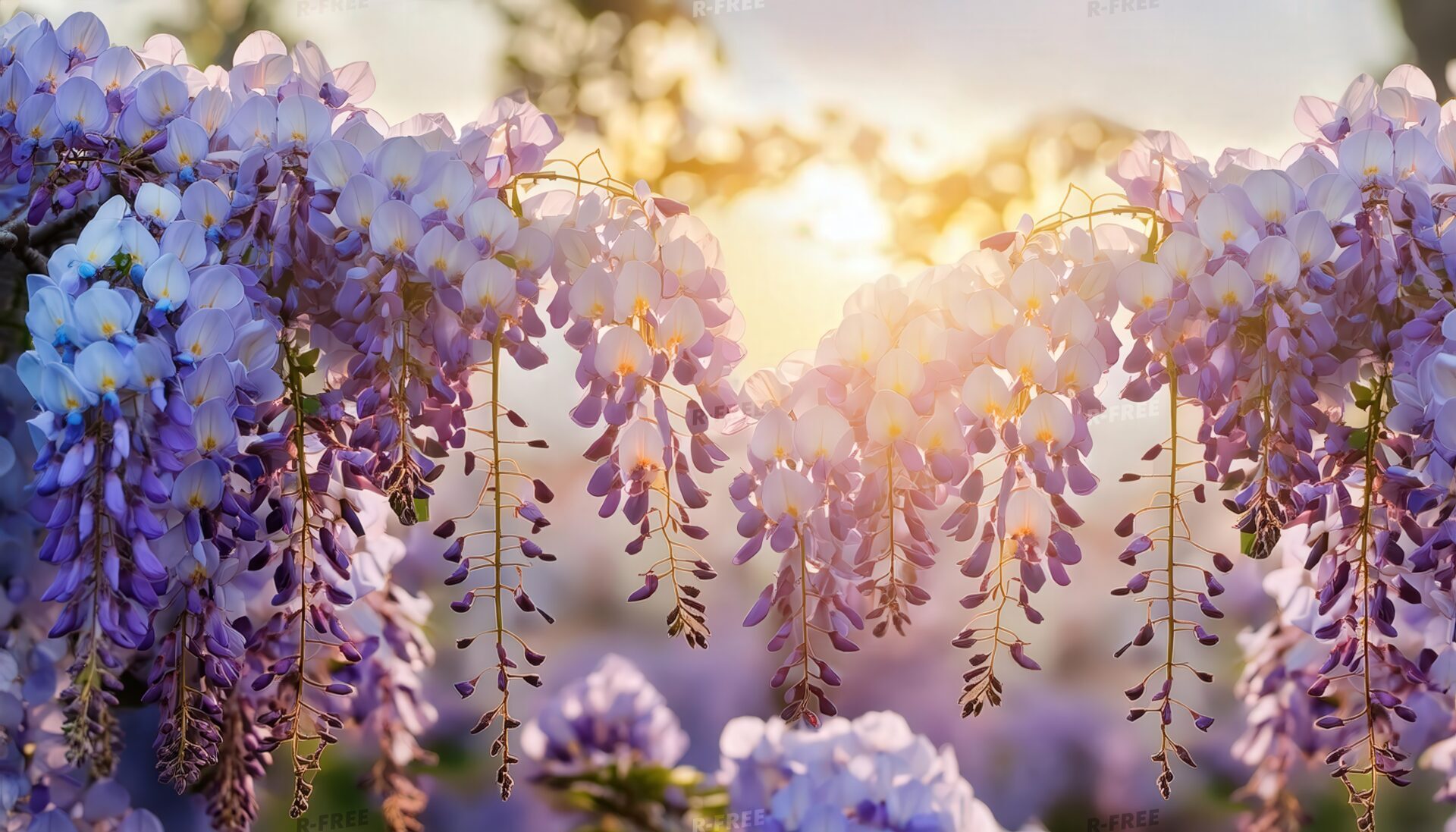 藤の花と夕陽の風景