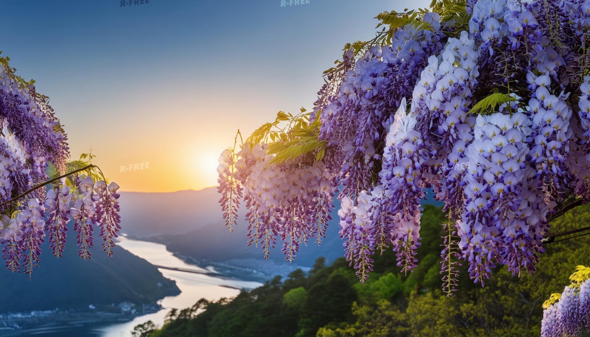 藤棚越しに望む山間の川と夕日に染まる山並み