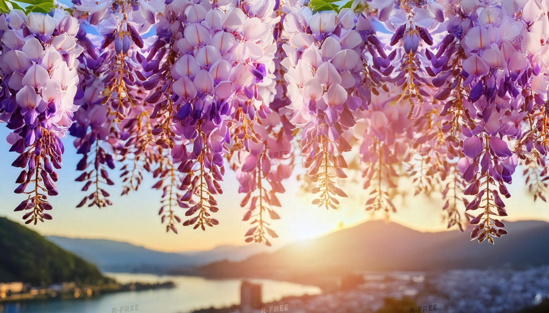 藤の花房に覆われた川と霞む山々の夕景