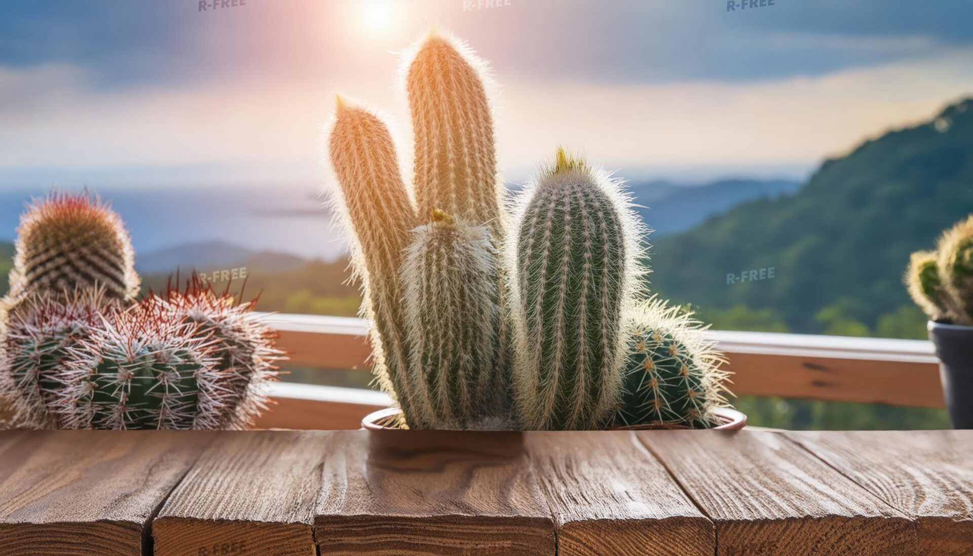 鉢植えのサボテンと夕日