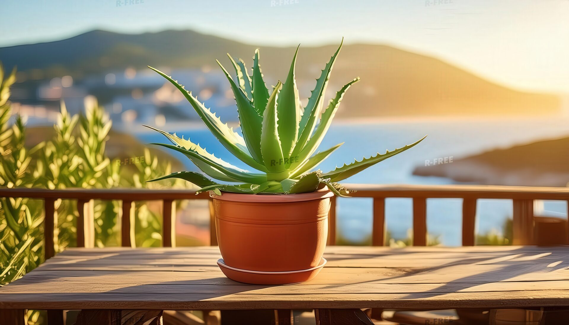 夕暮れのアガベ鉢植え