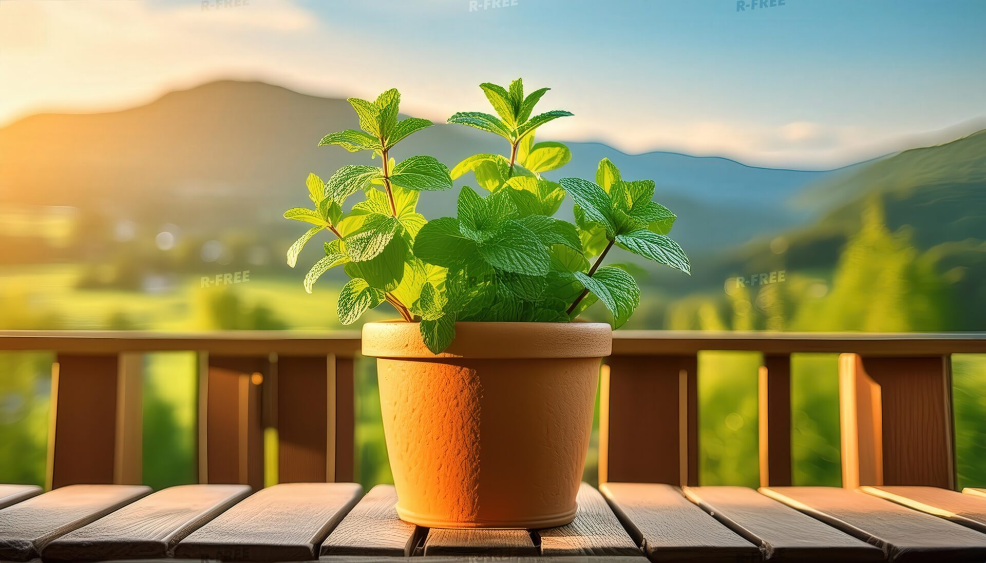 田園風景とミント鉢植え