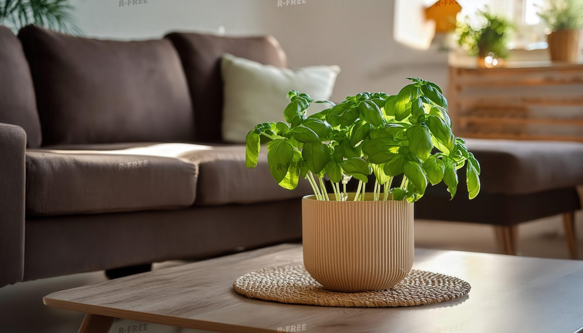テーブルの上のバジル鉢植え
