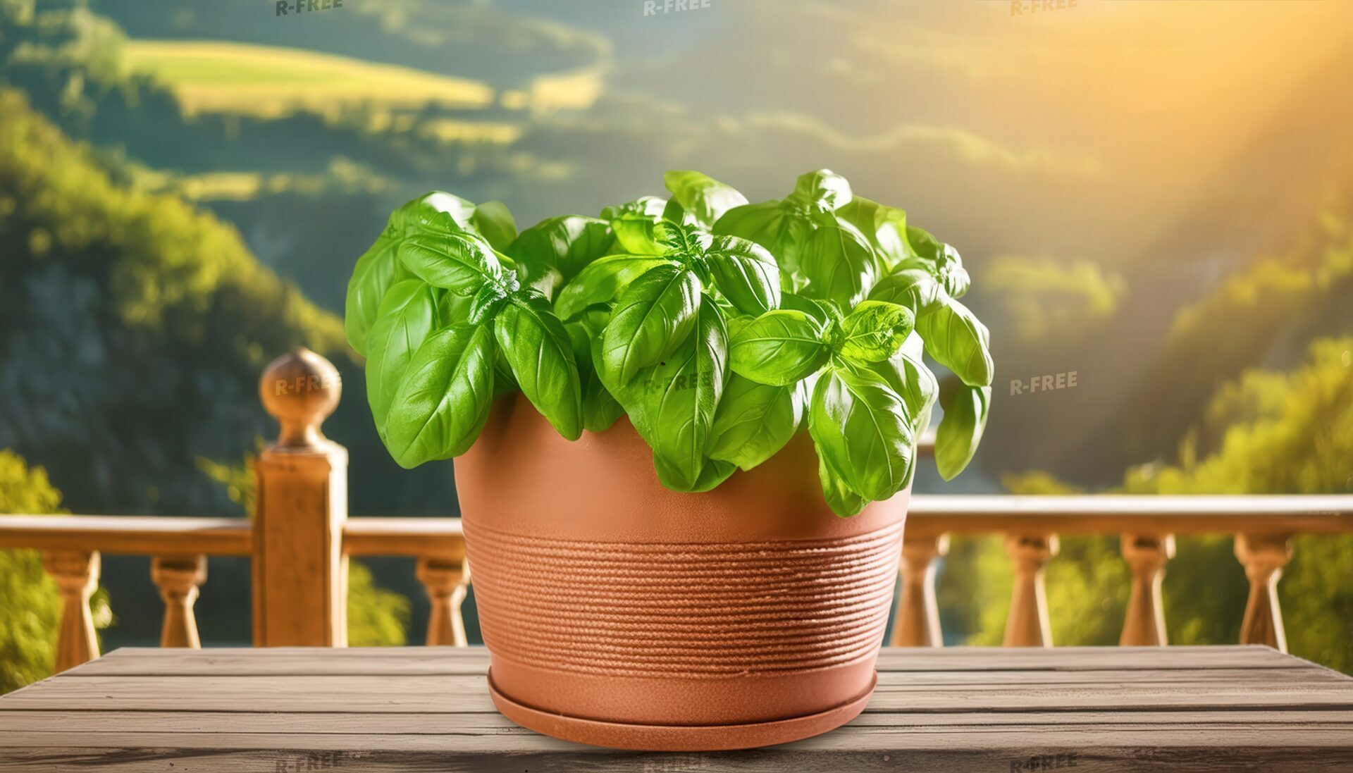 バルコニーに置かれたバジルの鉢植え