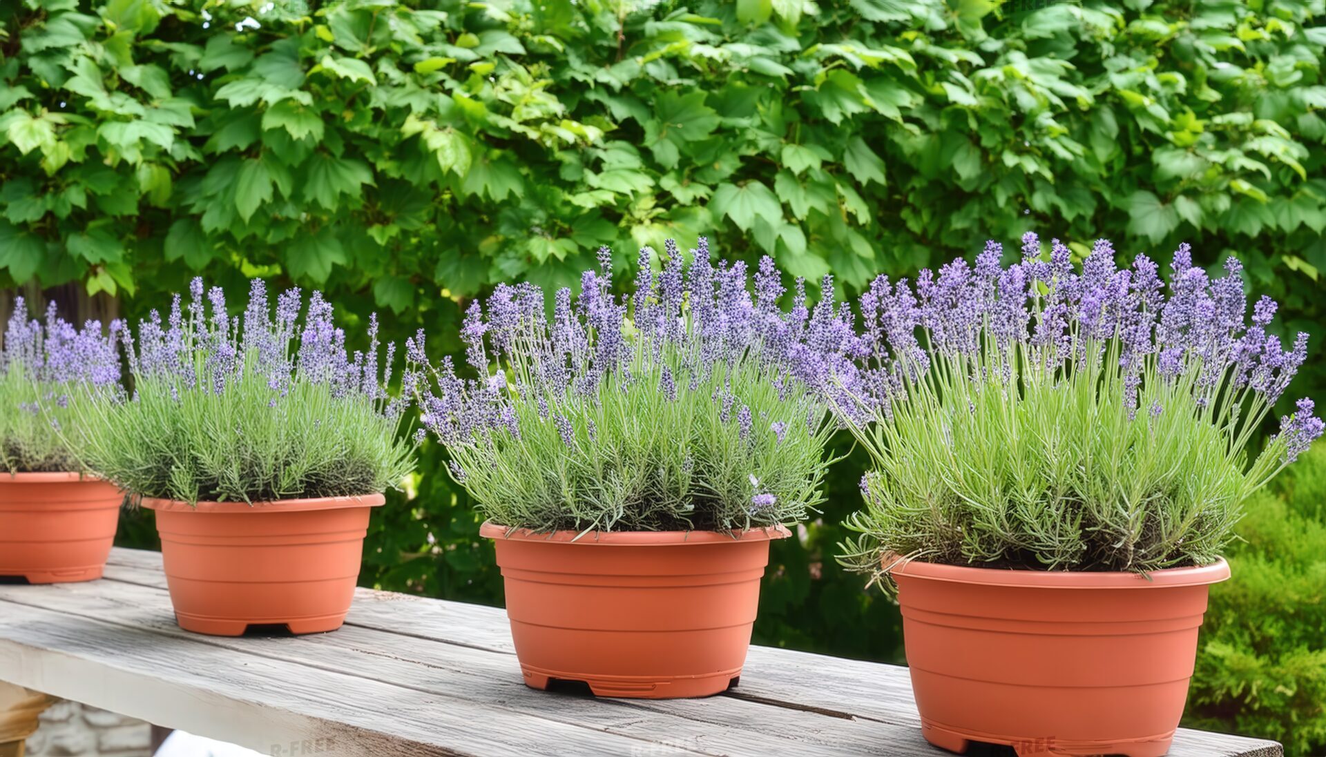 窓辺のラベンダー鉢植え四つと生垣の初夏の庭