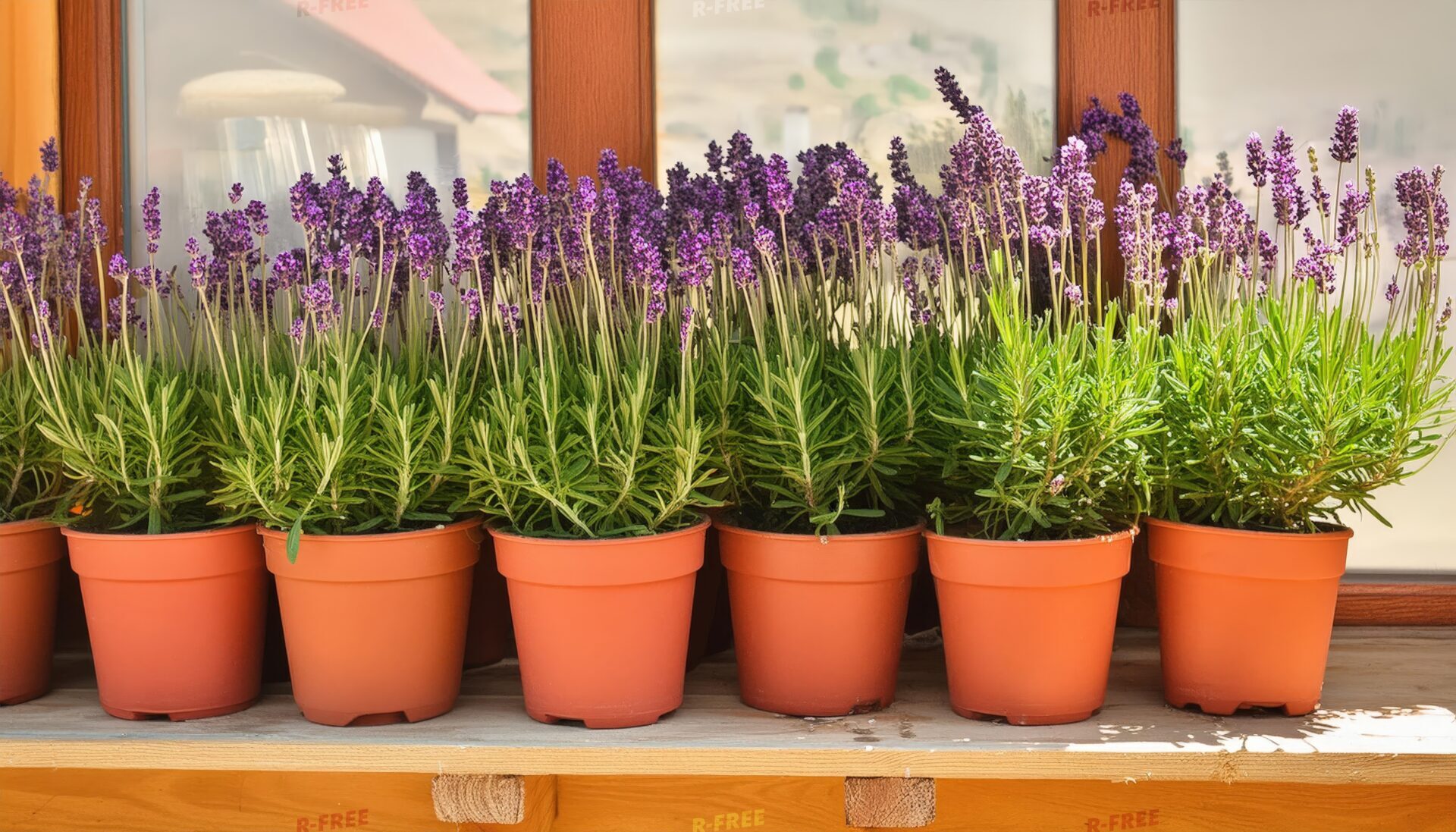 木枠の窓を背景に横一列に並ぶラベンダーの鉢植え