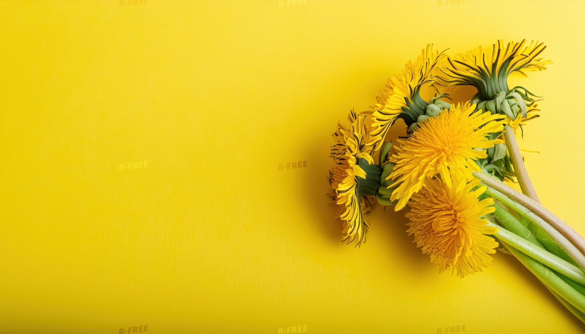 黄色の背景にたんぽぽの花束