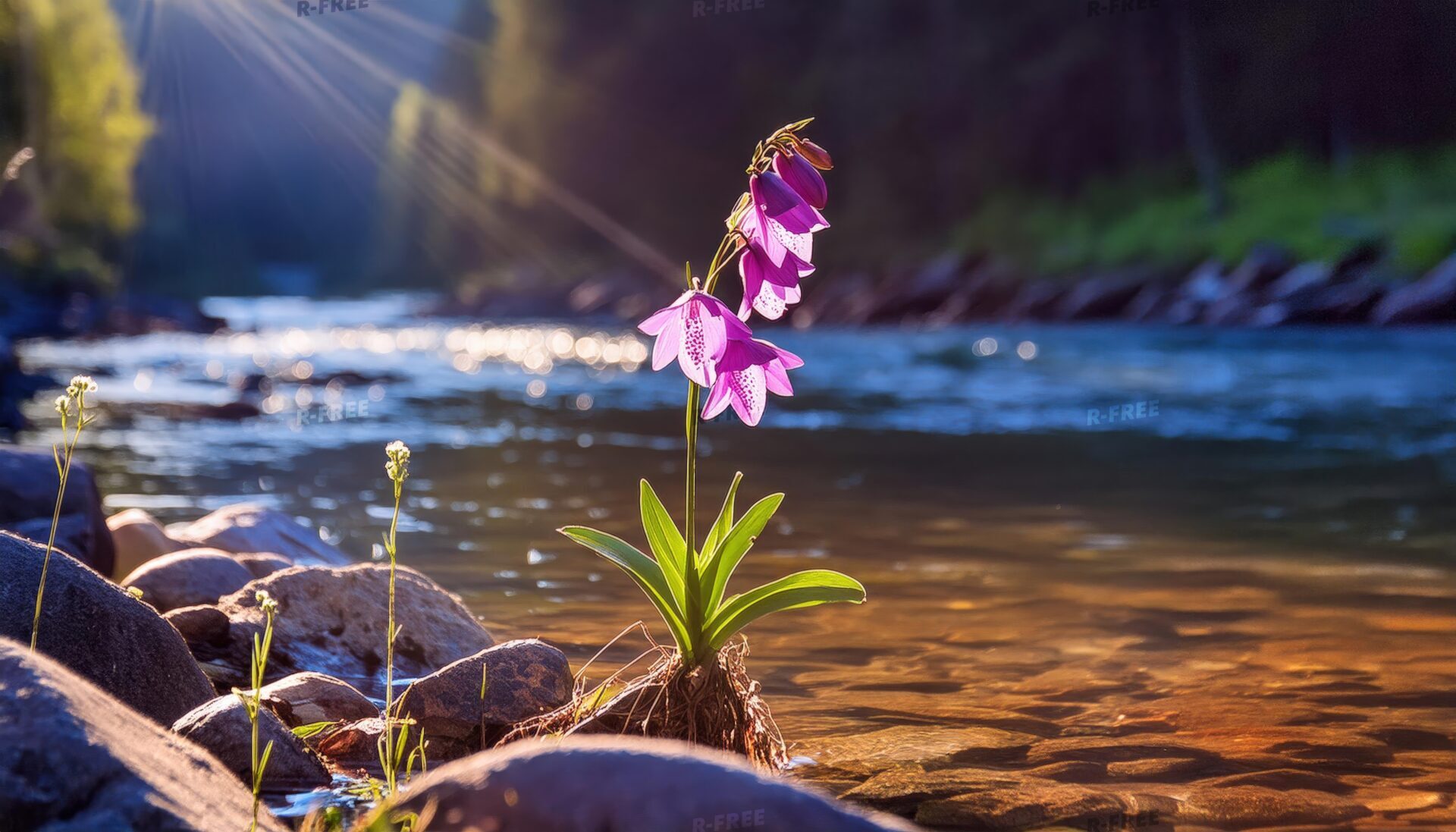 夕暮れの川辺に咲く一輪の紫の花