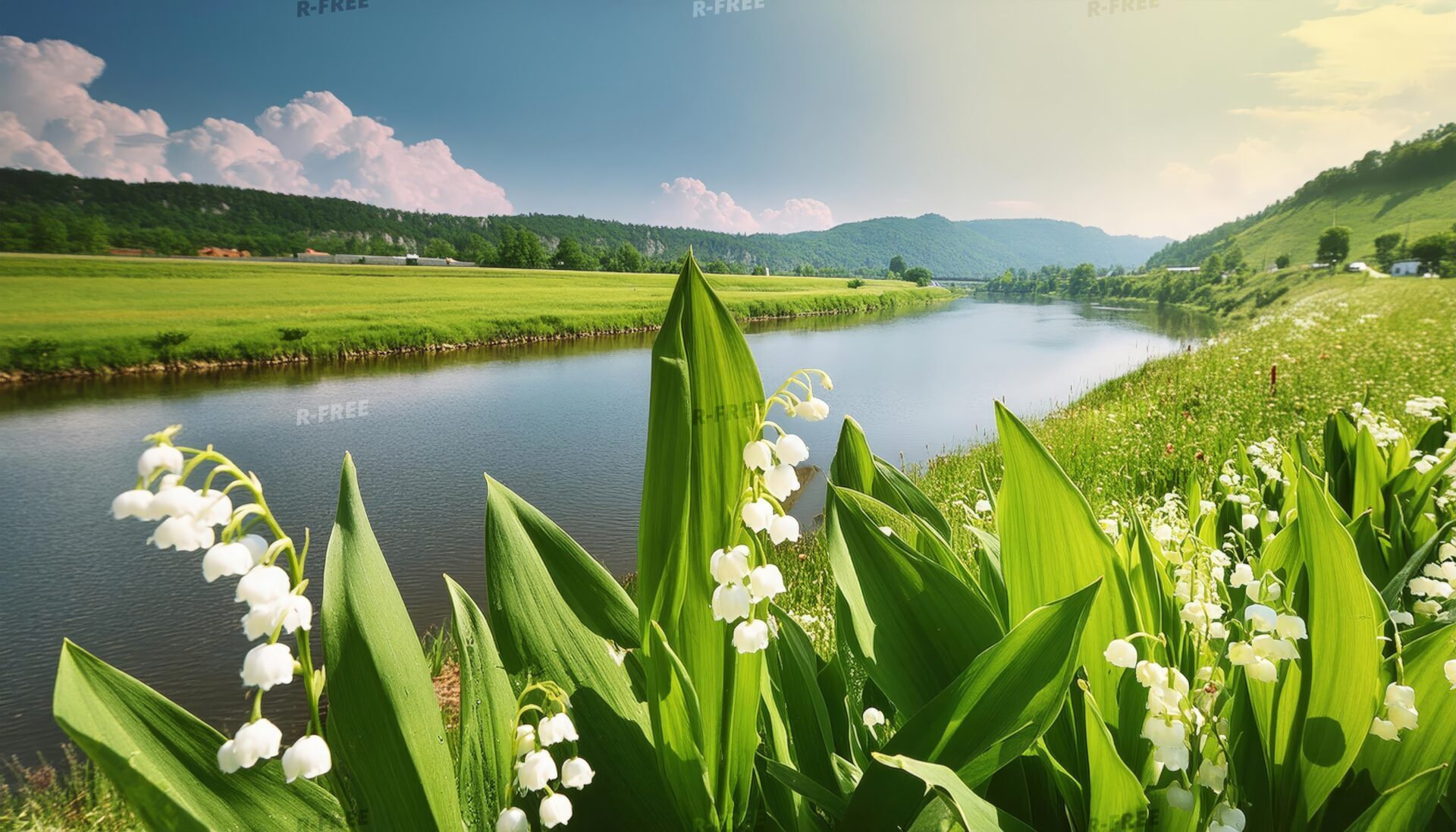 初夏の川辺に群生するスズランと緑の葉の風景