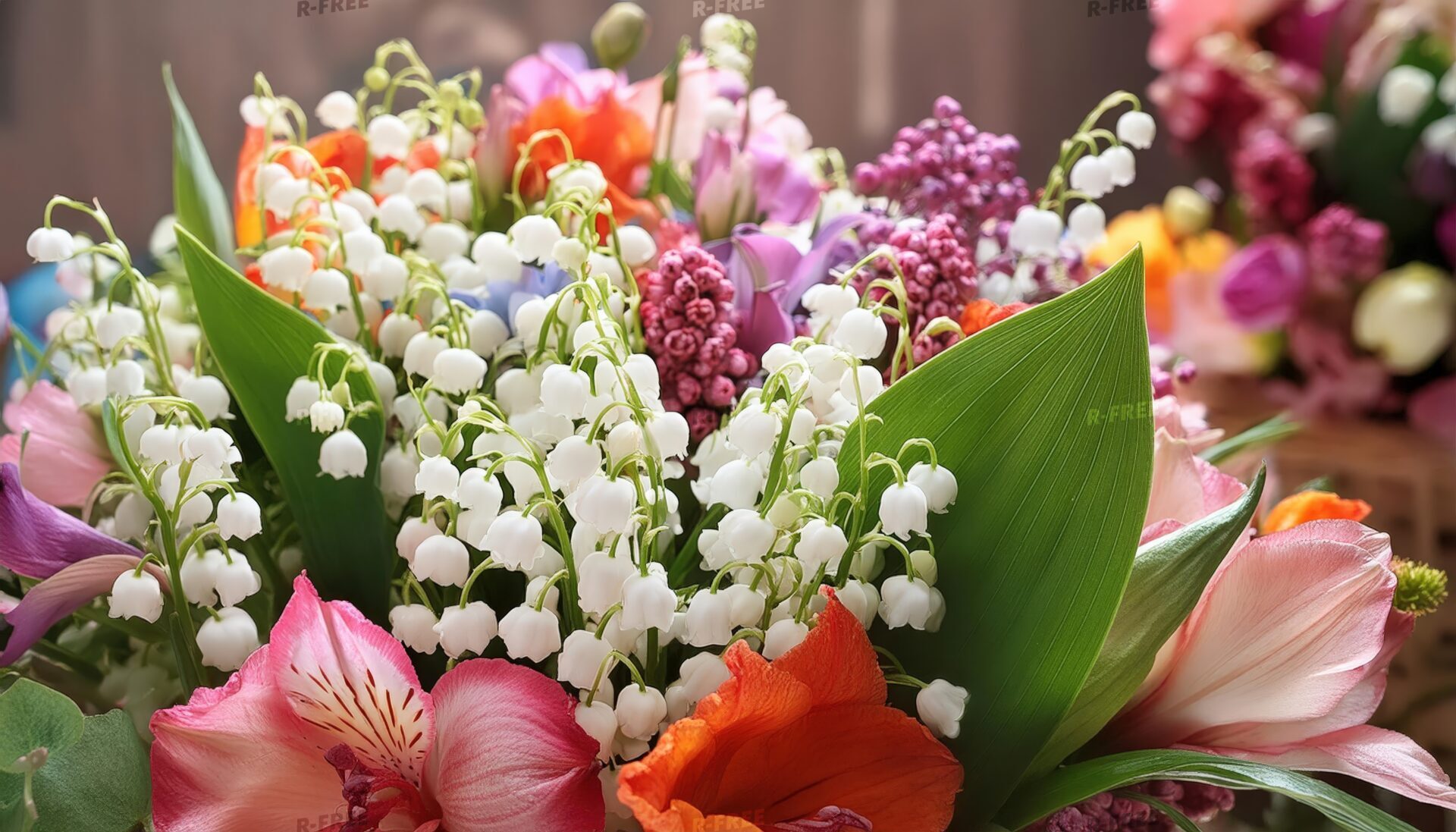 鈴蘭とビビッドな花のアレンジメント