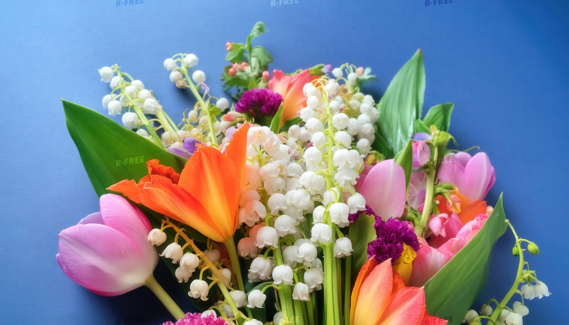 鈴蘭とブルー背景の花束