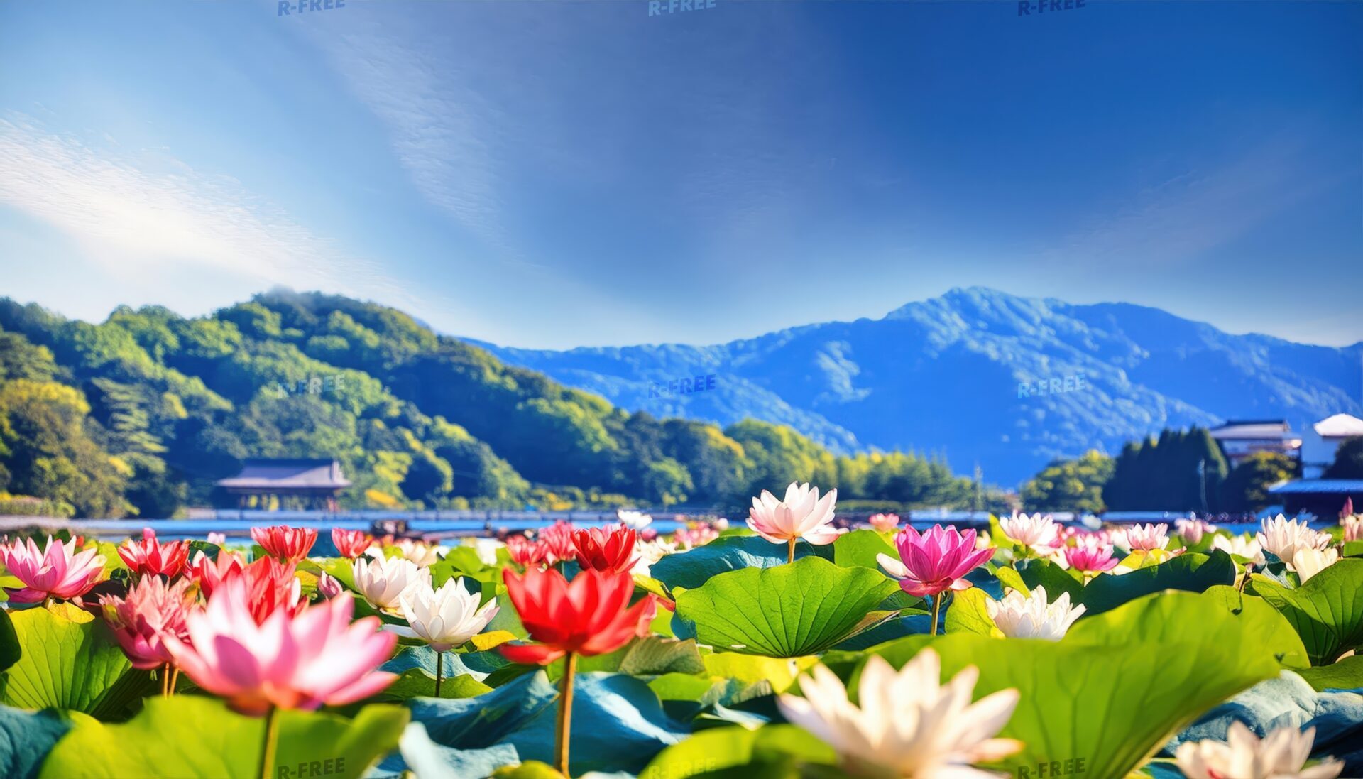 山と蓮の花畑