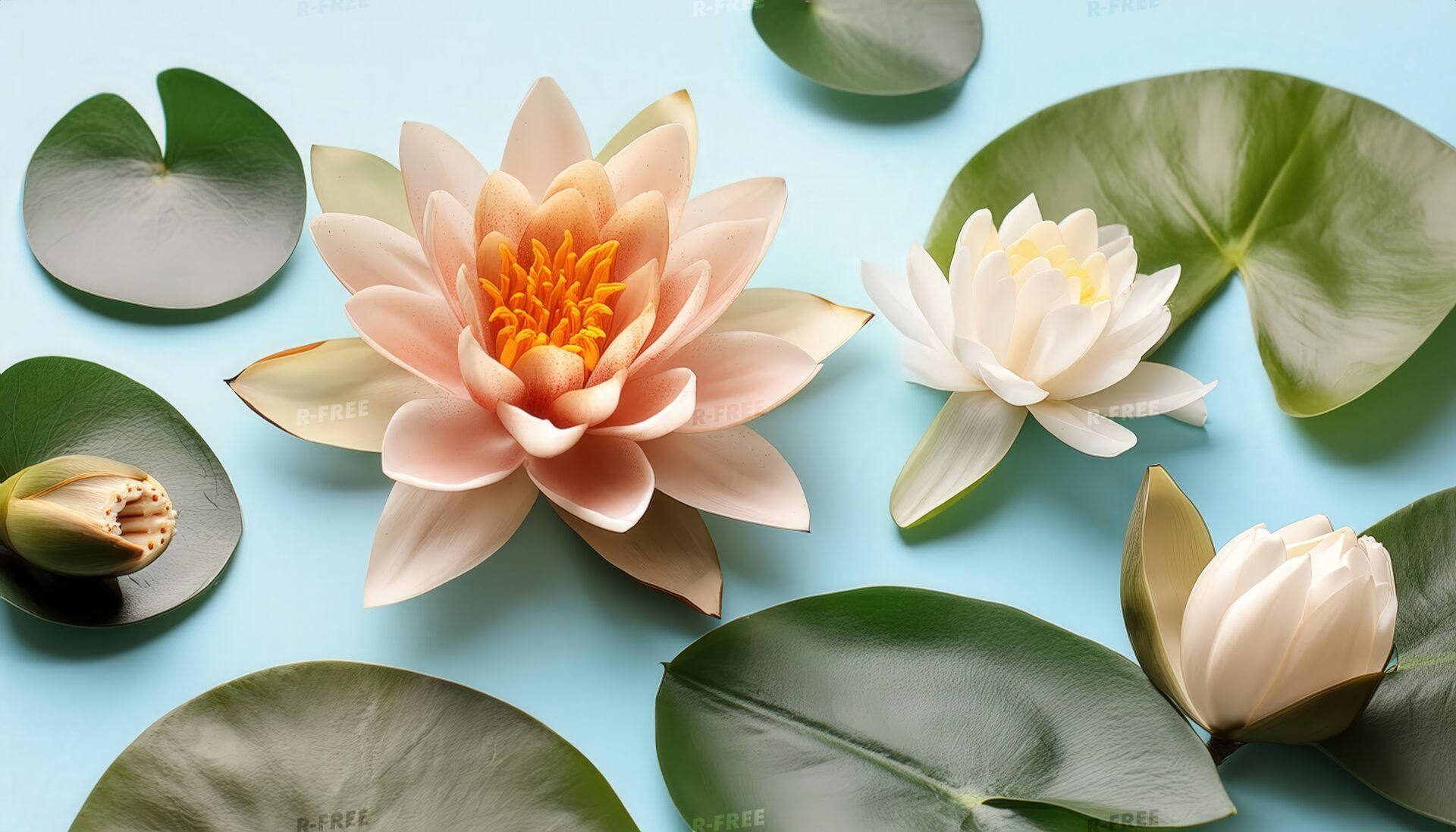 青い背景にピンクと白の蓮の花のアレンジメント