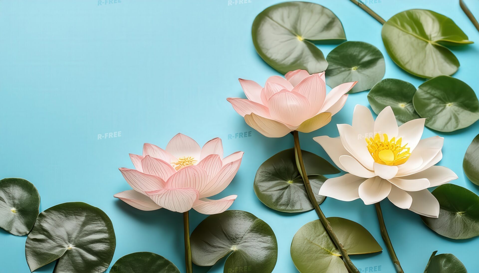 青い背景にピンクと白の蓮の花と蓮の葉のレイアウト