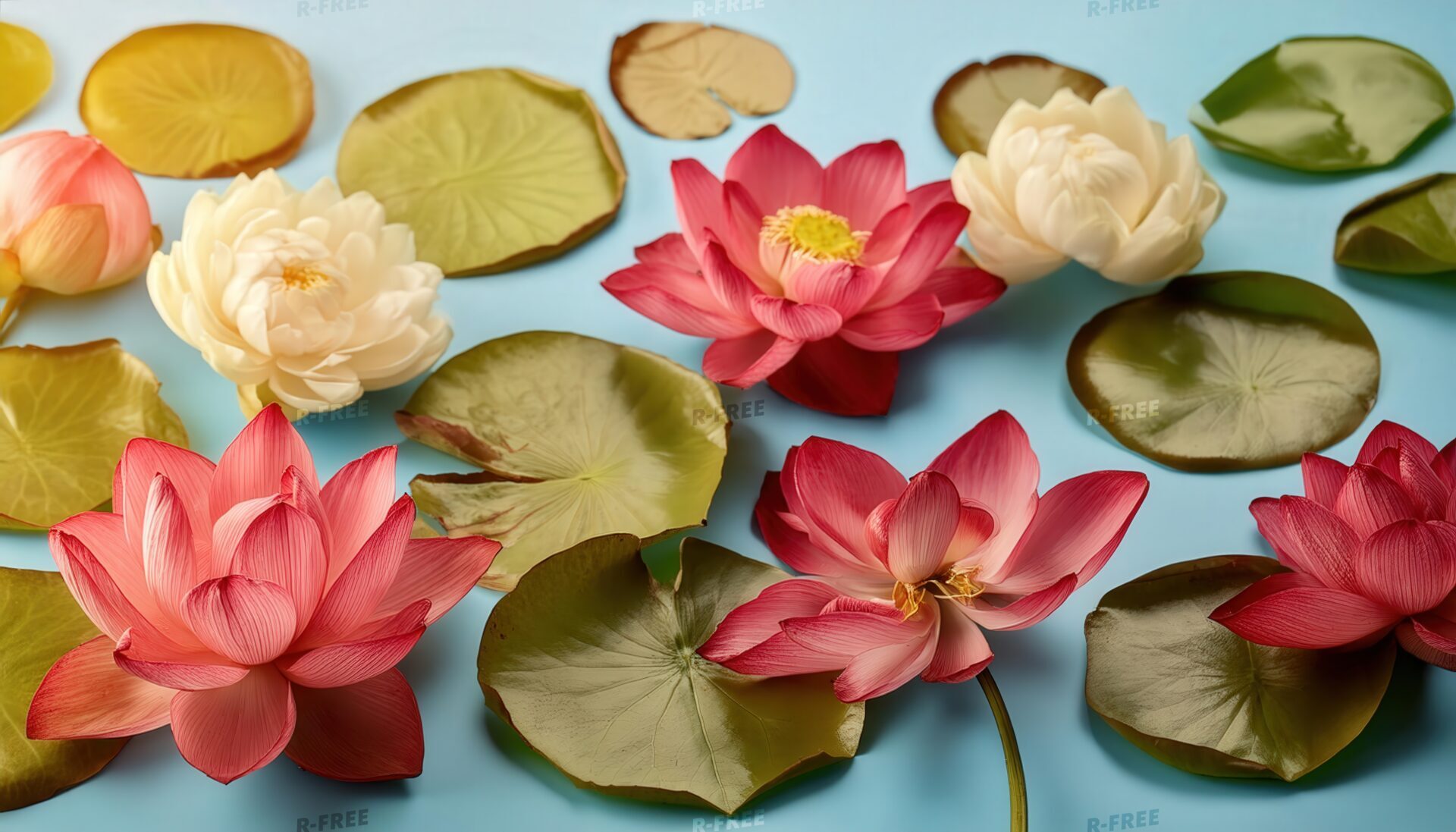 青い背景に赤とピンクと白の蓮の花と葉