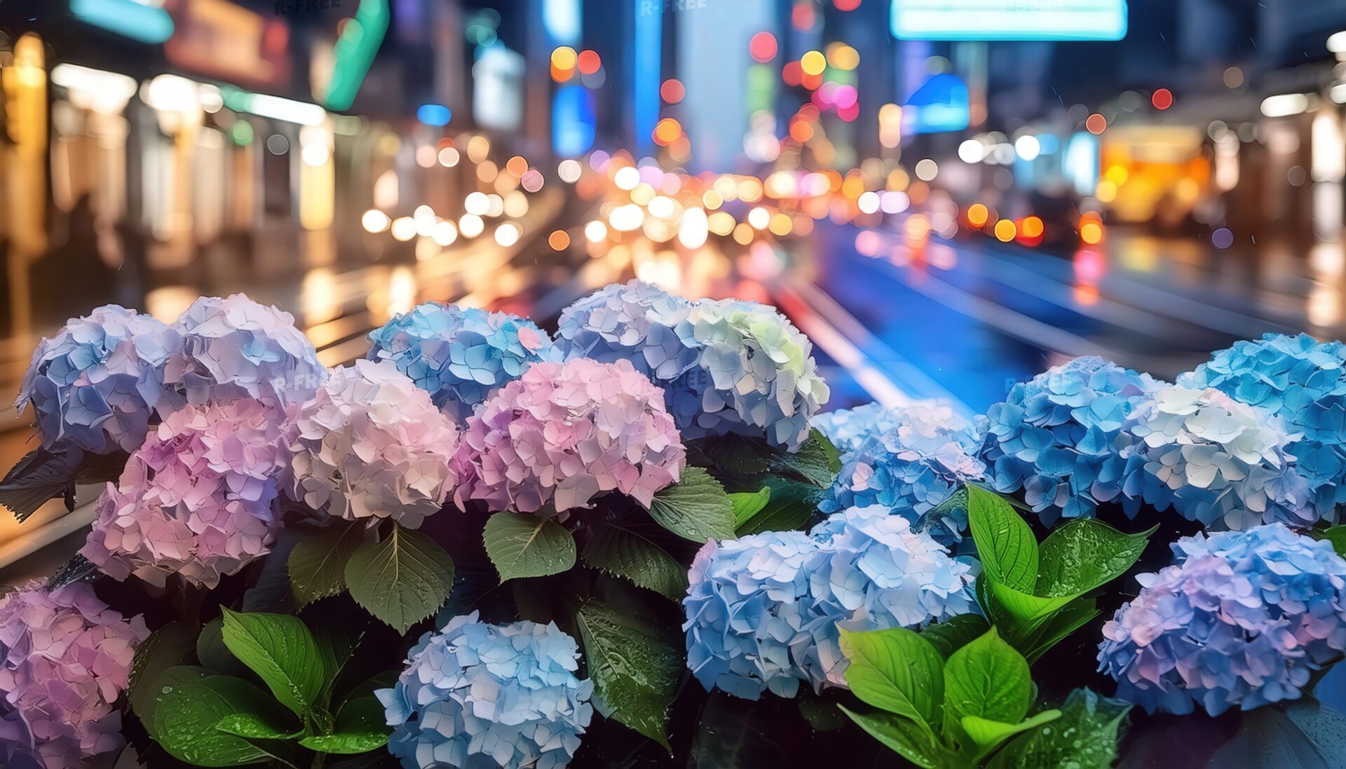 夜の街と紫陽花、街灯と車のライトがぼける前景