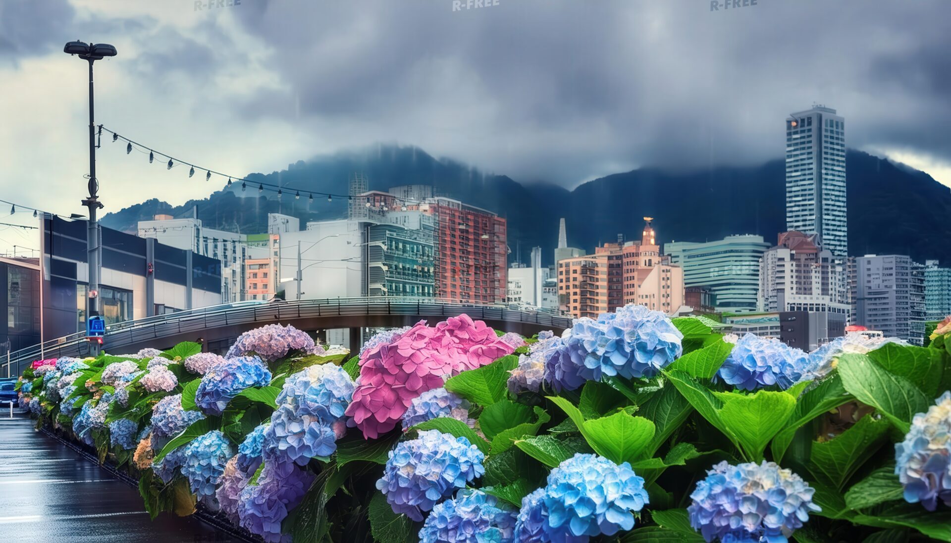 梅雨空と紫陽花が彩る橋沿いの濡れた都市風景