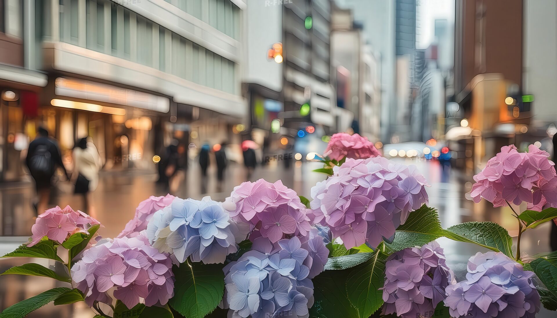 雨の都市と紫陽花と傘を差す歩行者の街並み