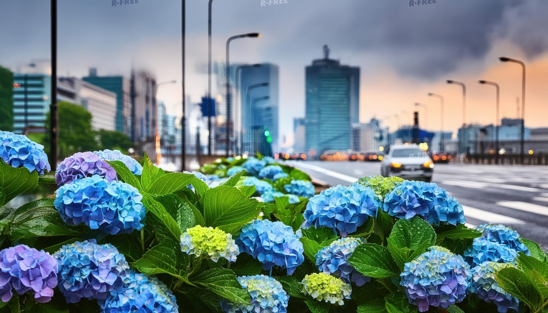 梅雨空と紫陽花が咲く高層ビル沿いの道路風景
