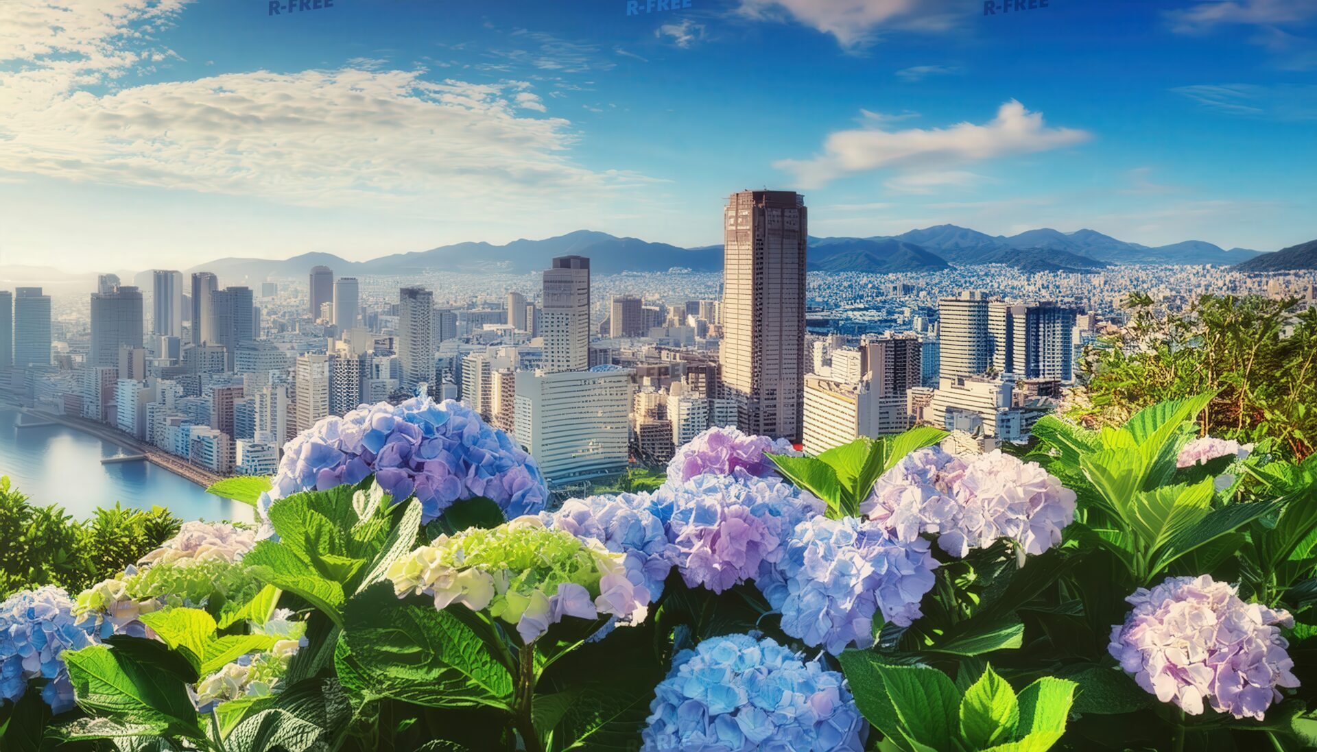 超高層ビルと紫陽花