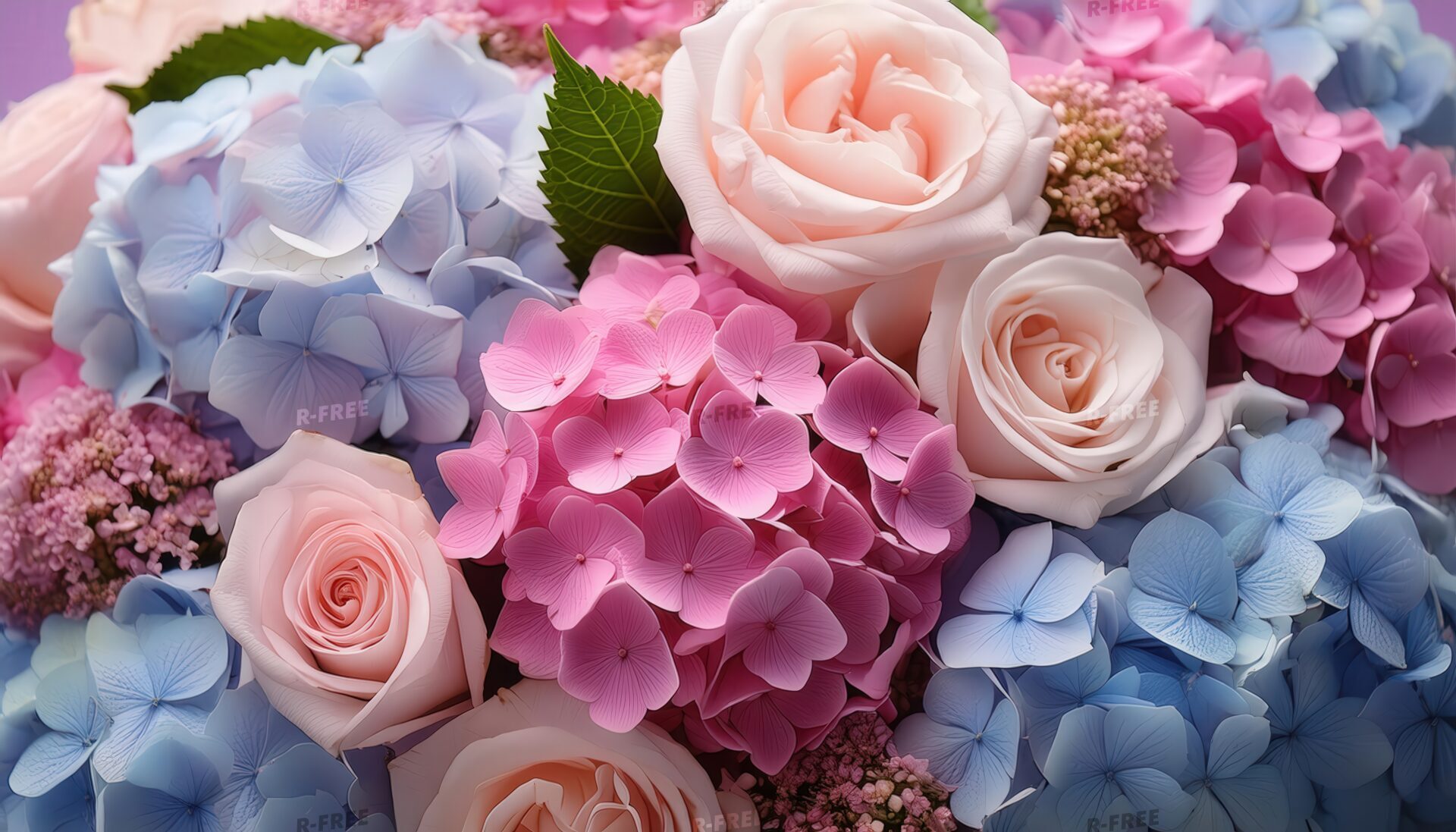 カラフルな紫陽花とバラ