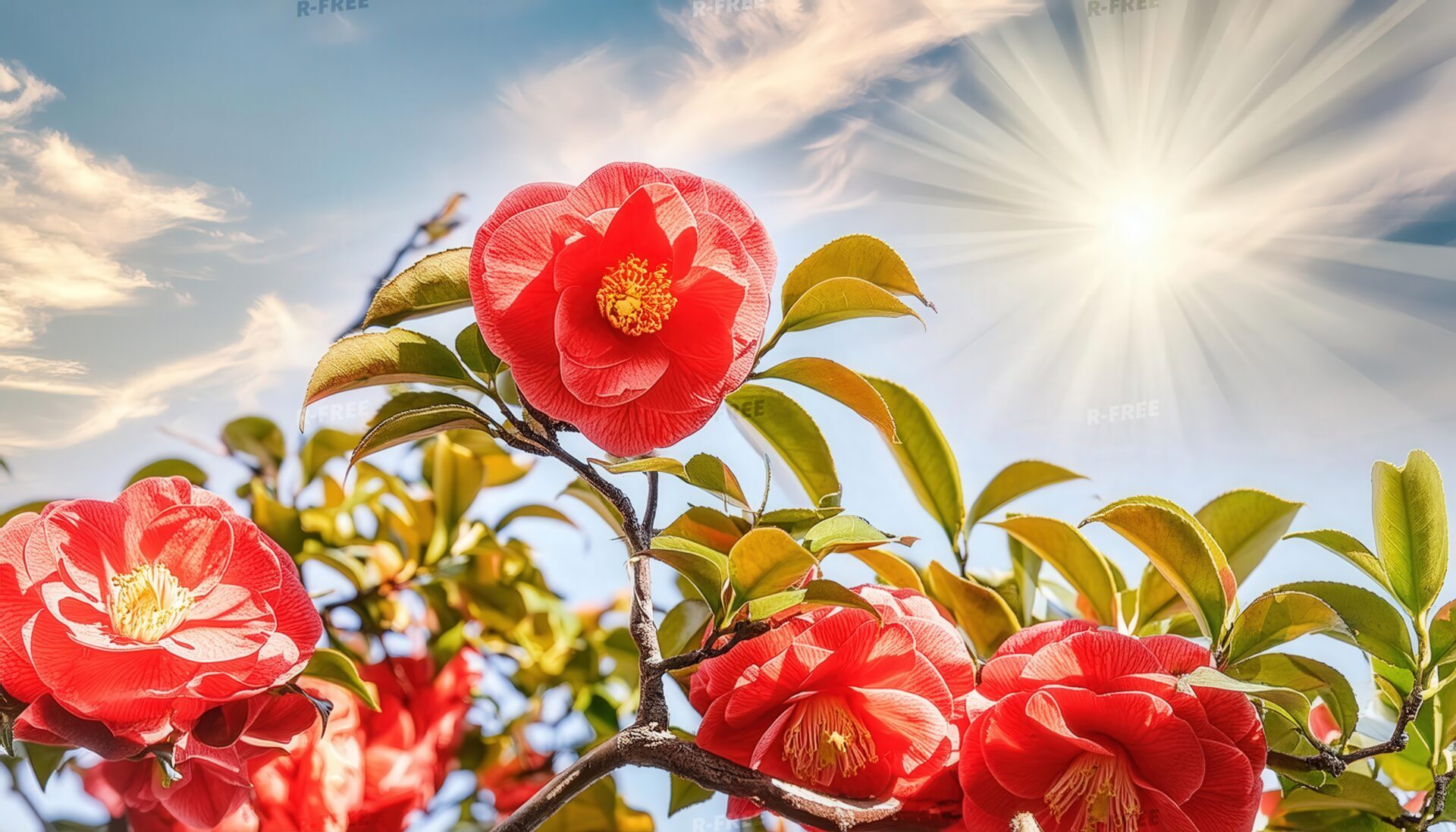 青空と椿の花