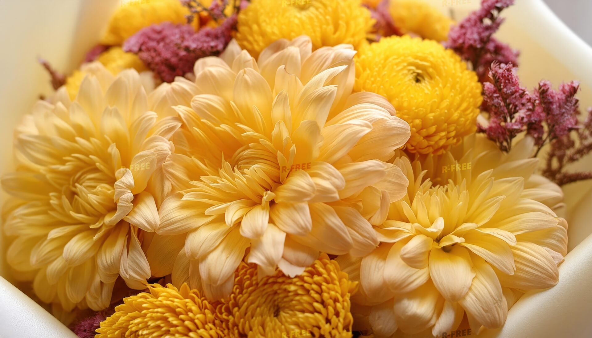 淡い黄色の菊と紫の花