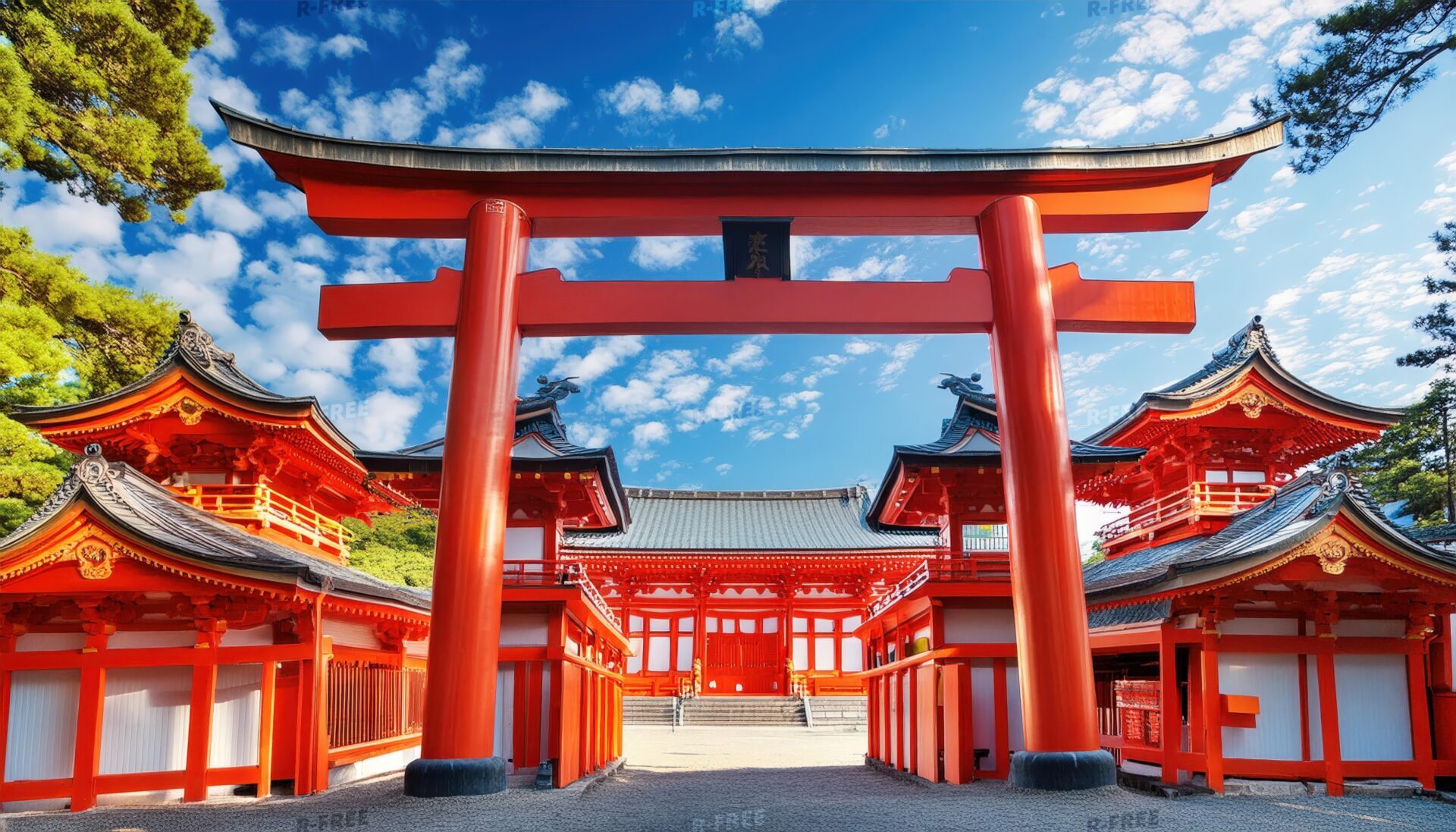 荘厳な朝の神社の正門