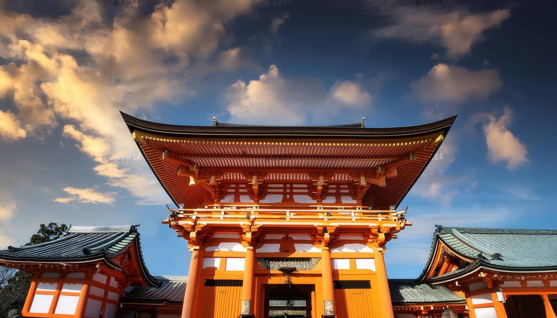 朝日に照らされる神社の本殿