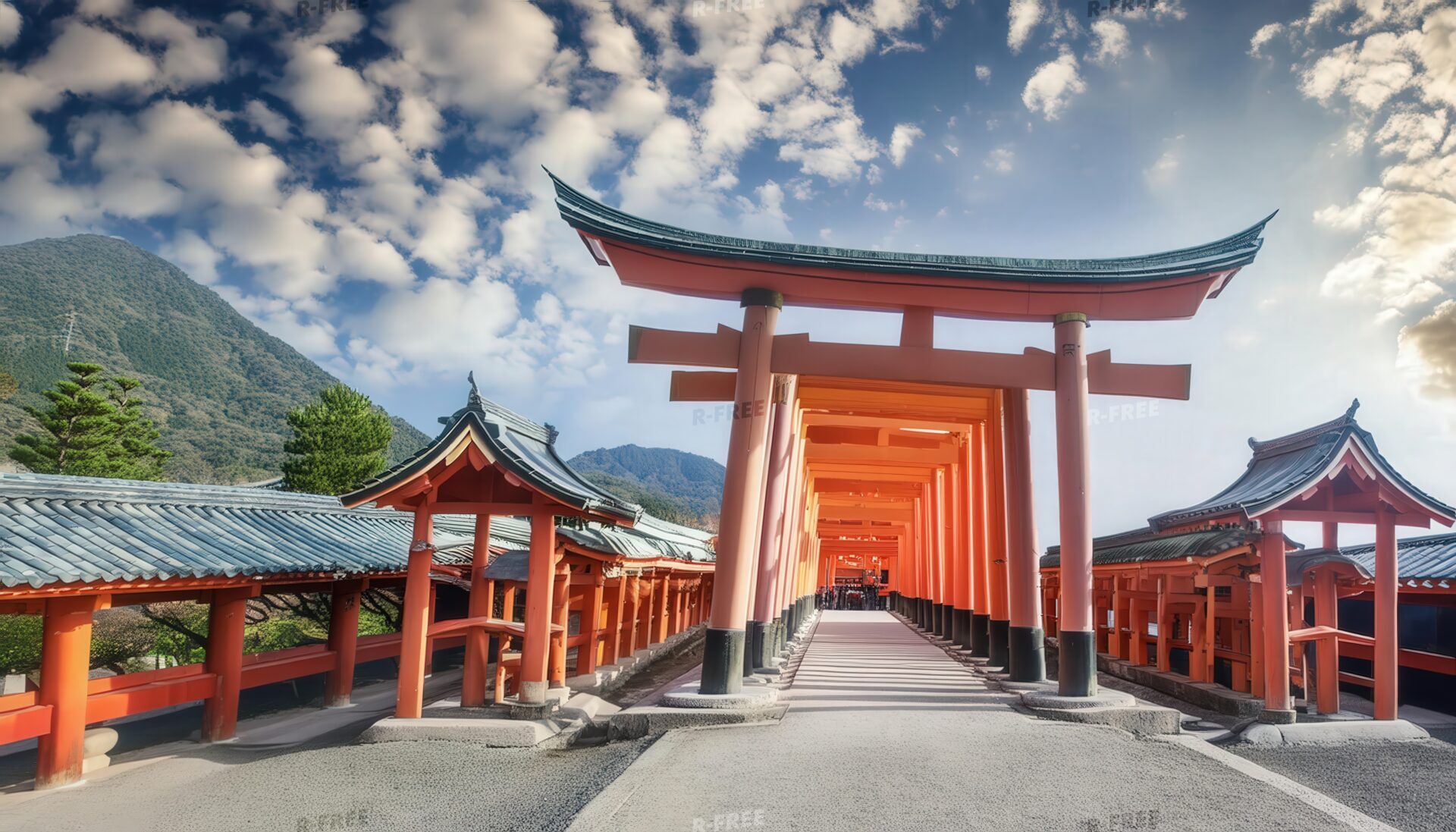 山々を背景に立つ神社の鳥居