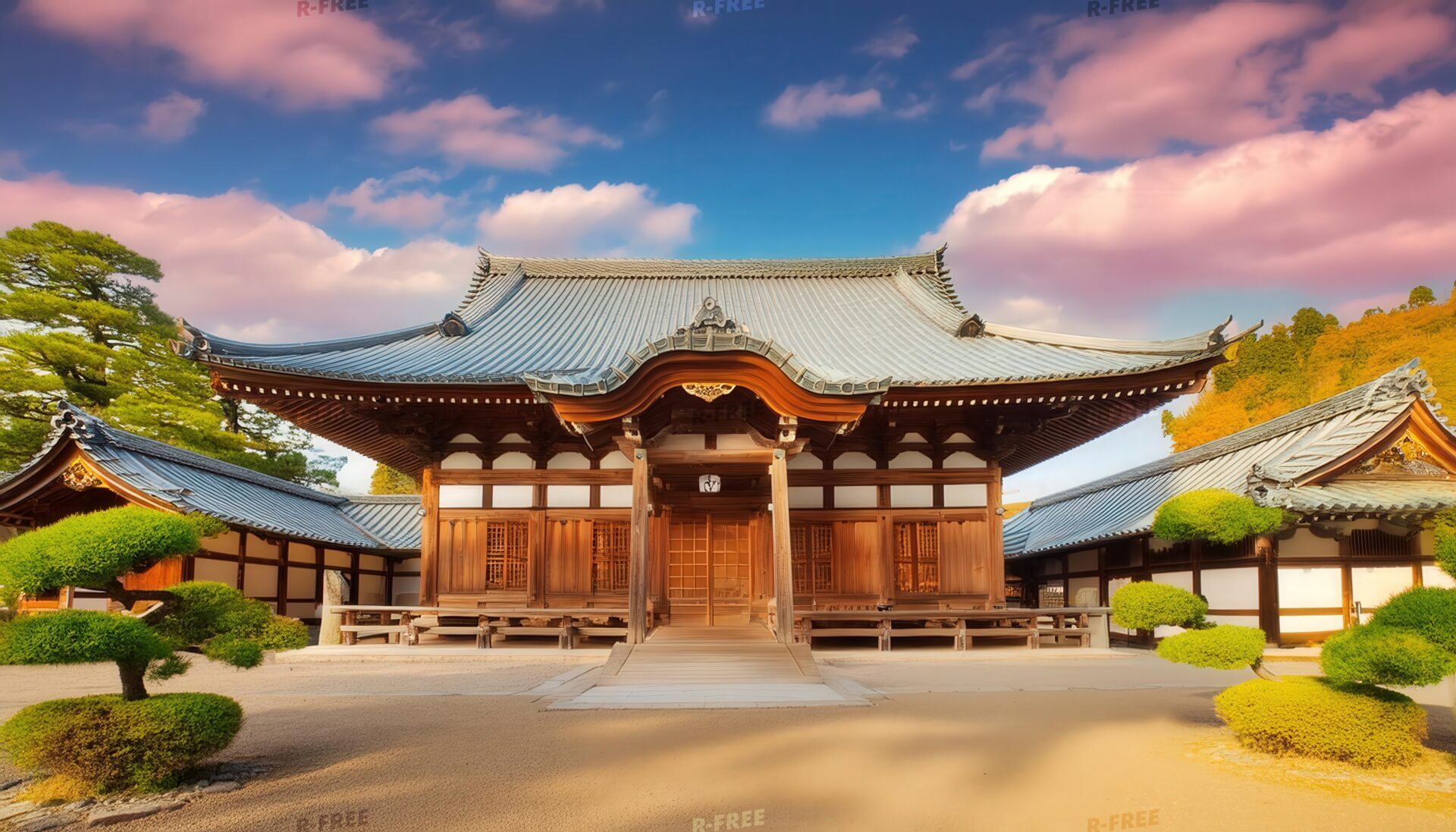荘厳な寺院、静謐な朝の光景