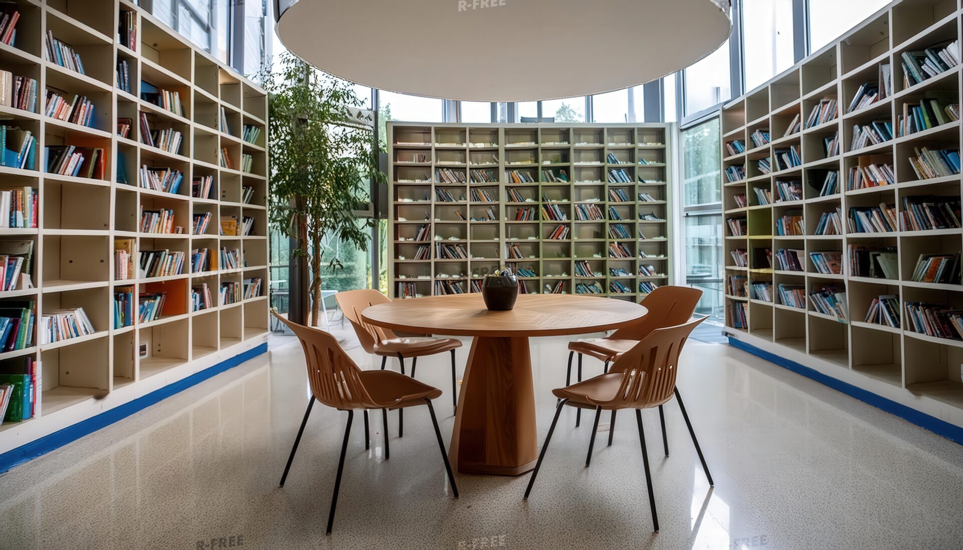 丸いテーブルと曲線的な内装の図書館