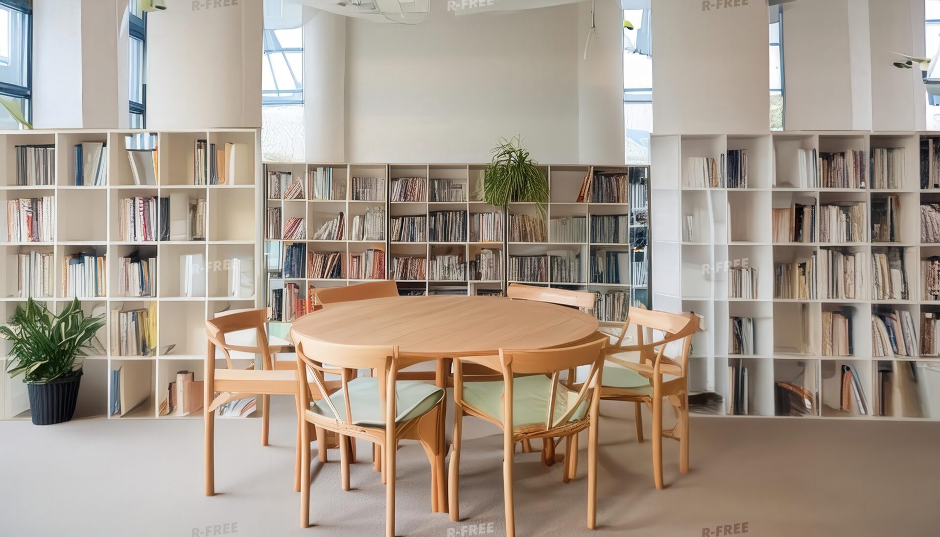 植物と本棚のある明るい図書館スペース