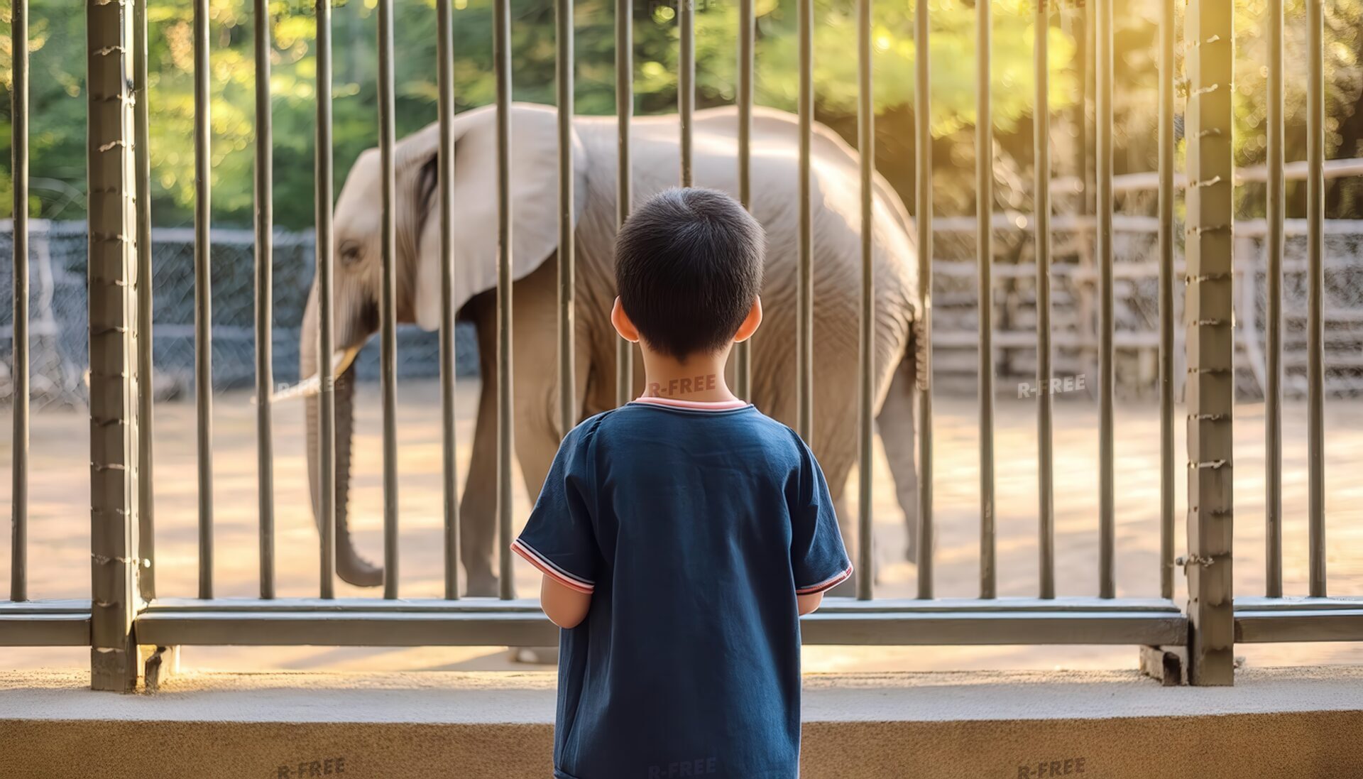 夕方の動物園でゾウを見つめる紺色シャツの少年
