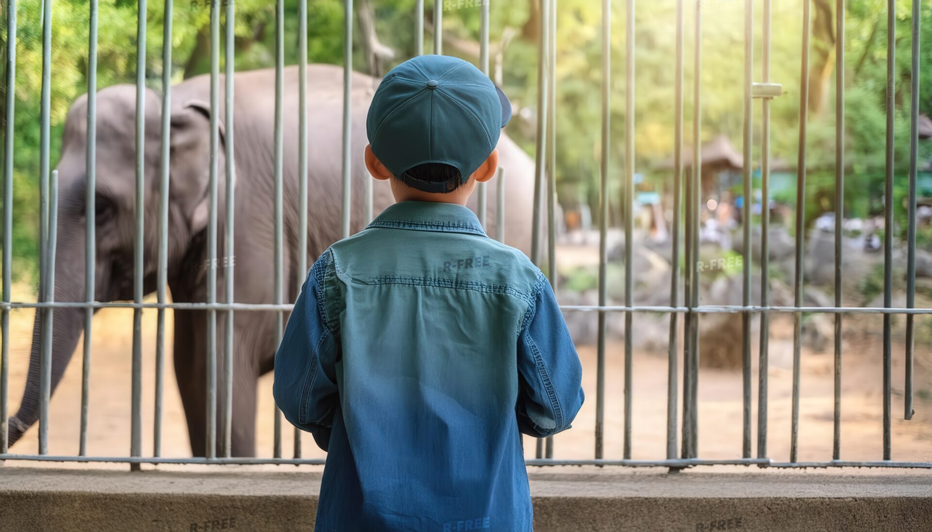 青い帽子で柵越しにゾウを見つめる少年
