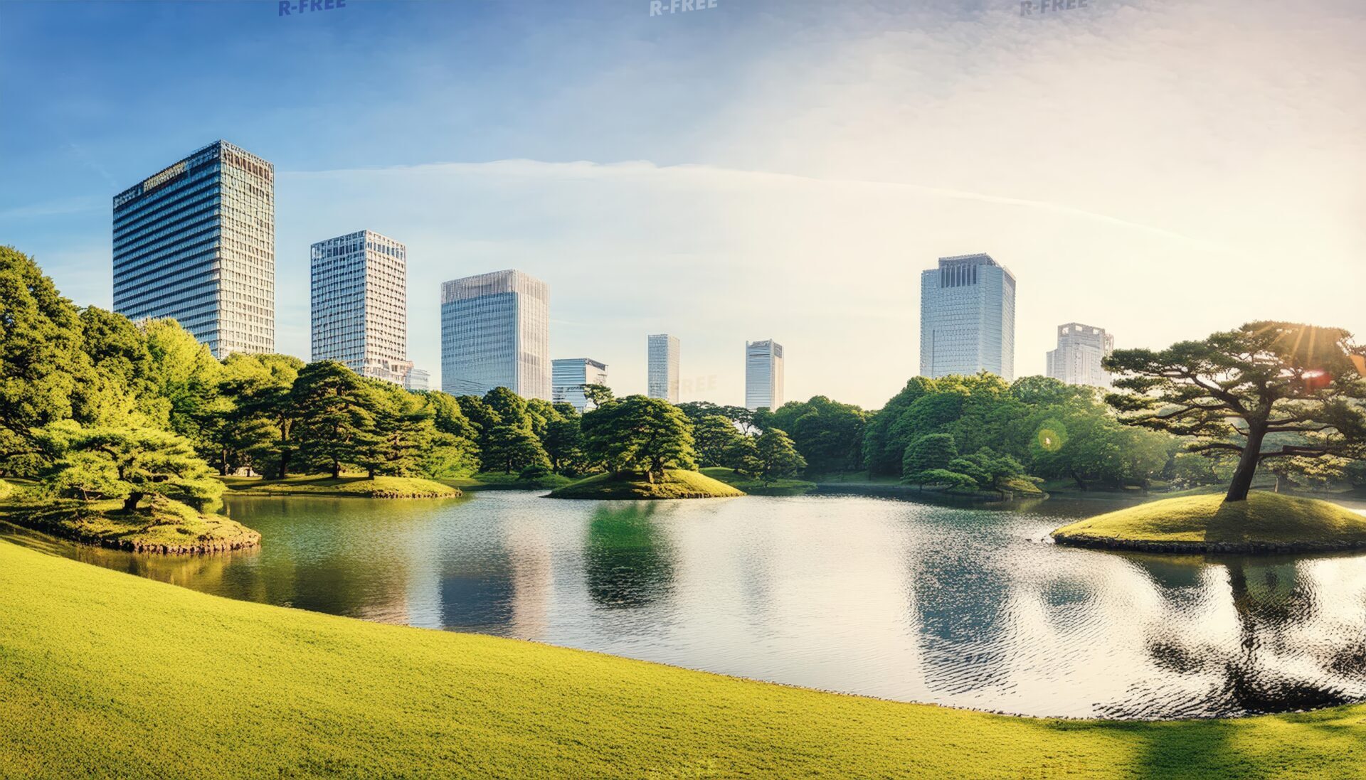 高層ビルと日本庭園の調和