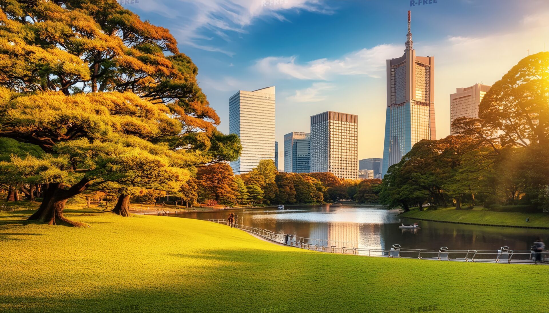 夕暮れの日本庭園と高層ビル