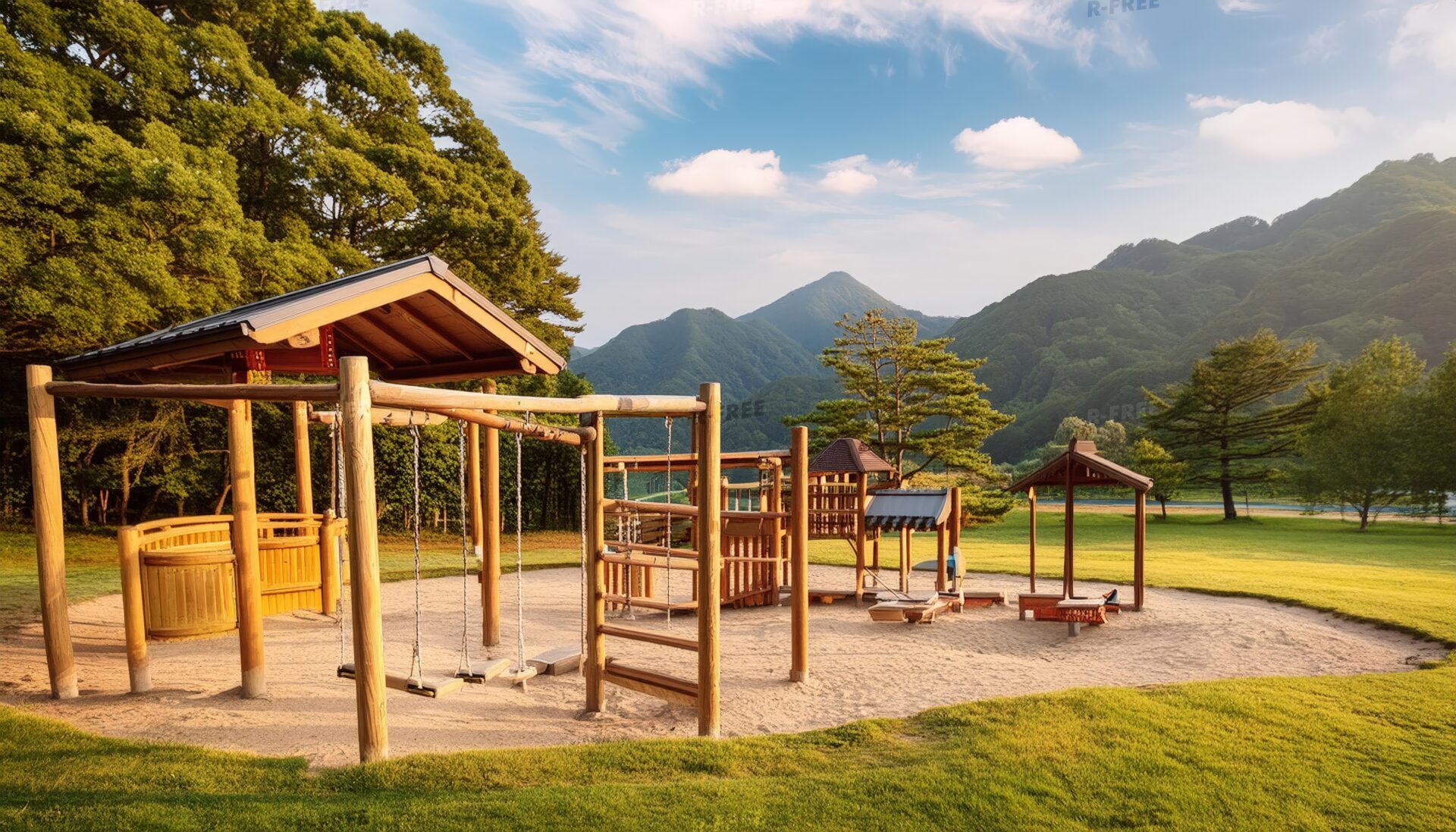 山に囲まれた木製遊具のある公園