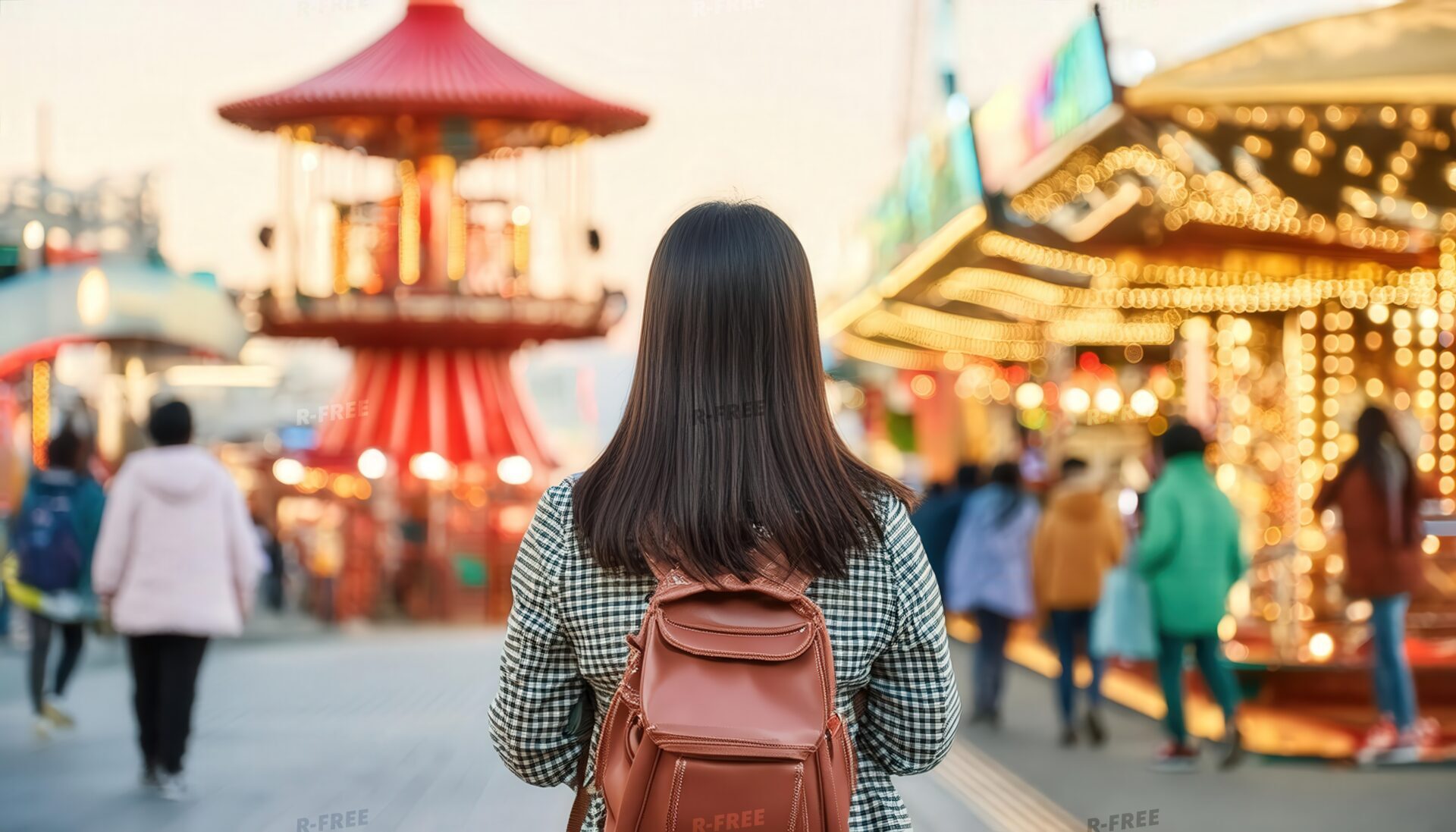 ネオン輝く遊園地を歩く人物
