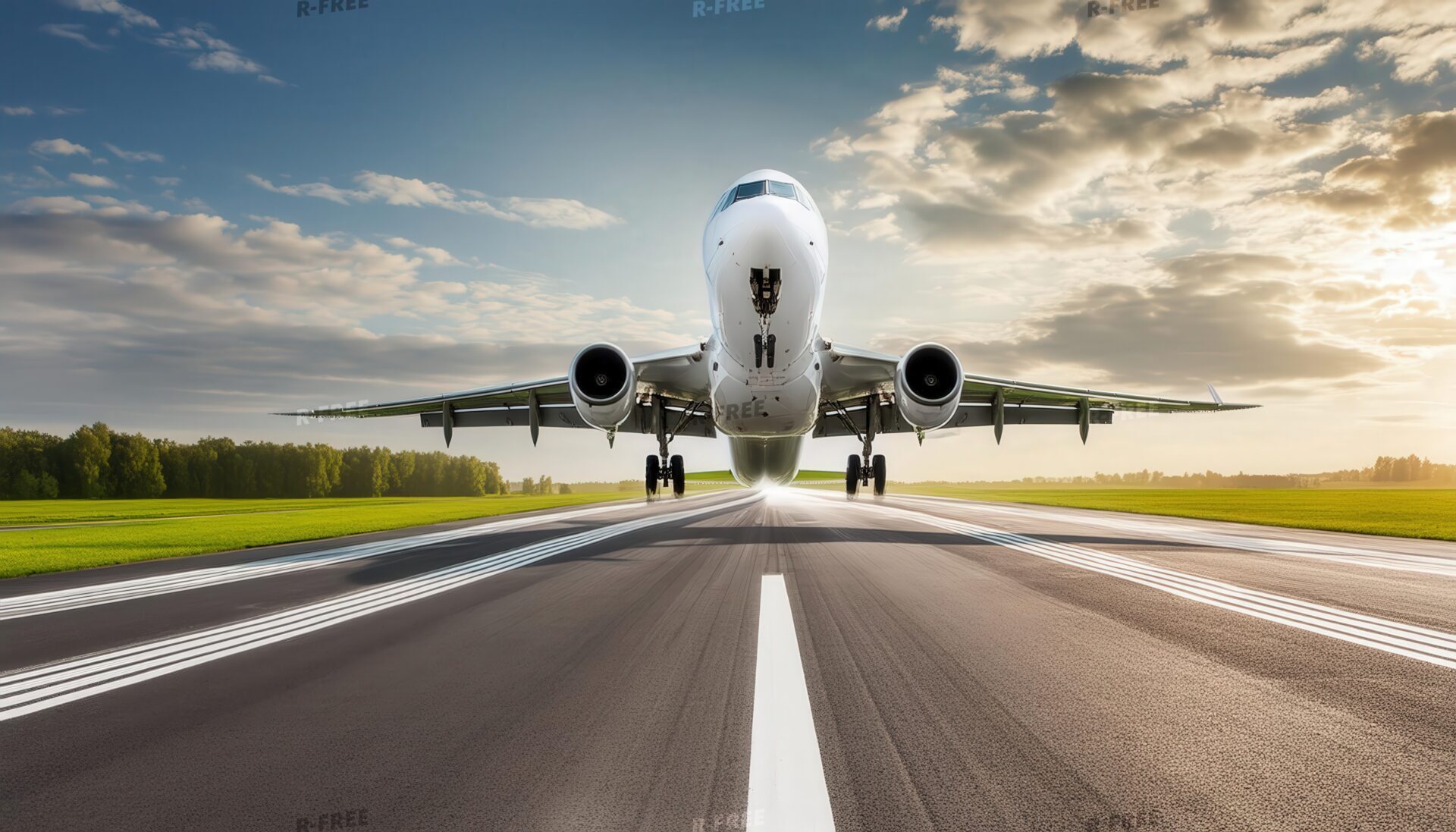 離陸する飛行機と朝の空