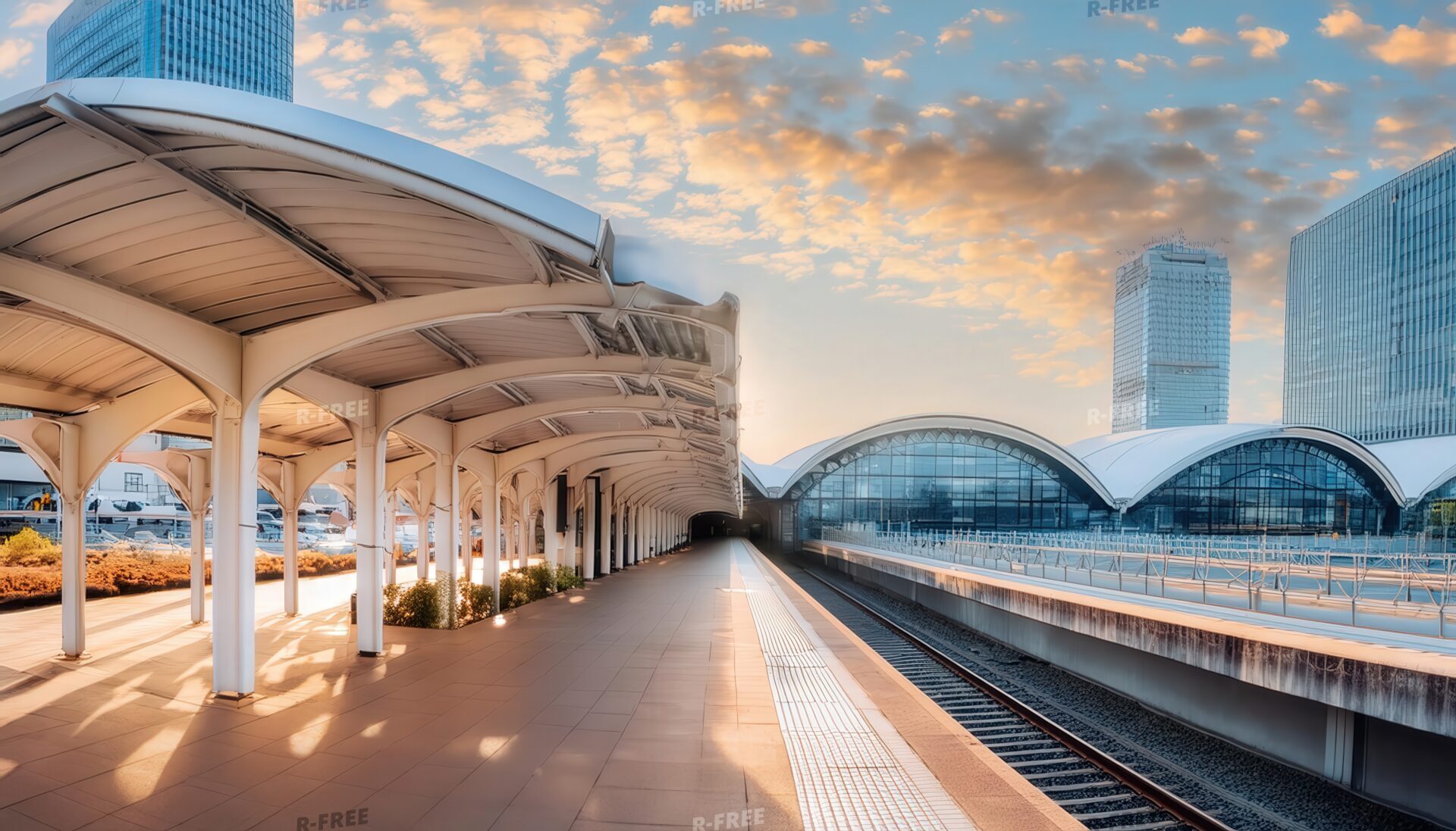 朝焼けに染まる鉄道駅