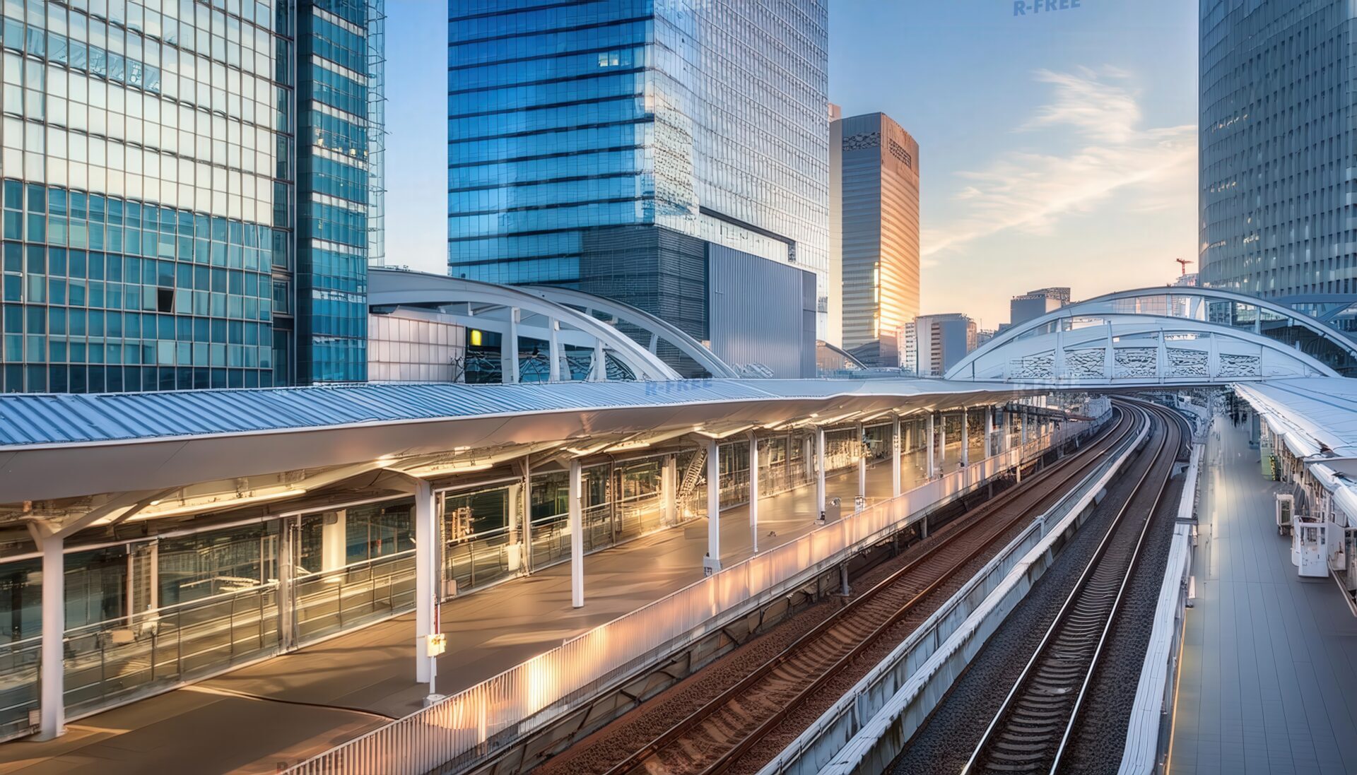 高層ビルに囲まれた駅の風景