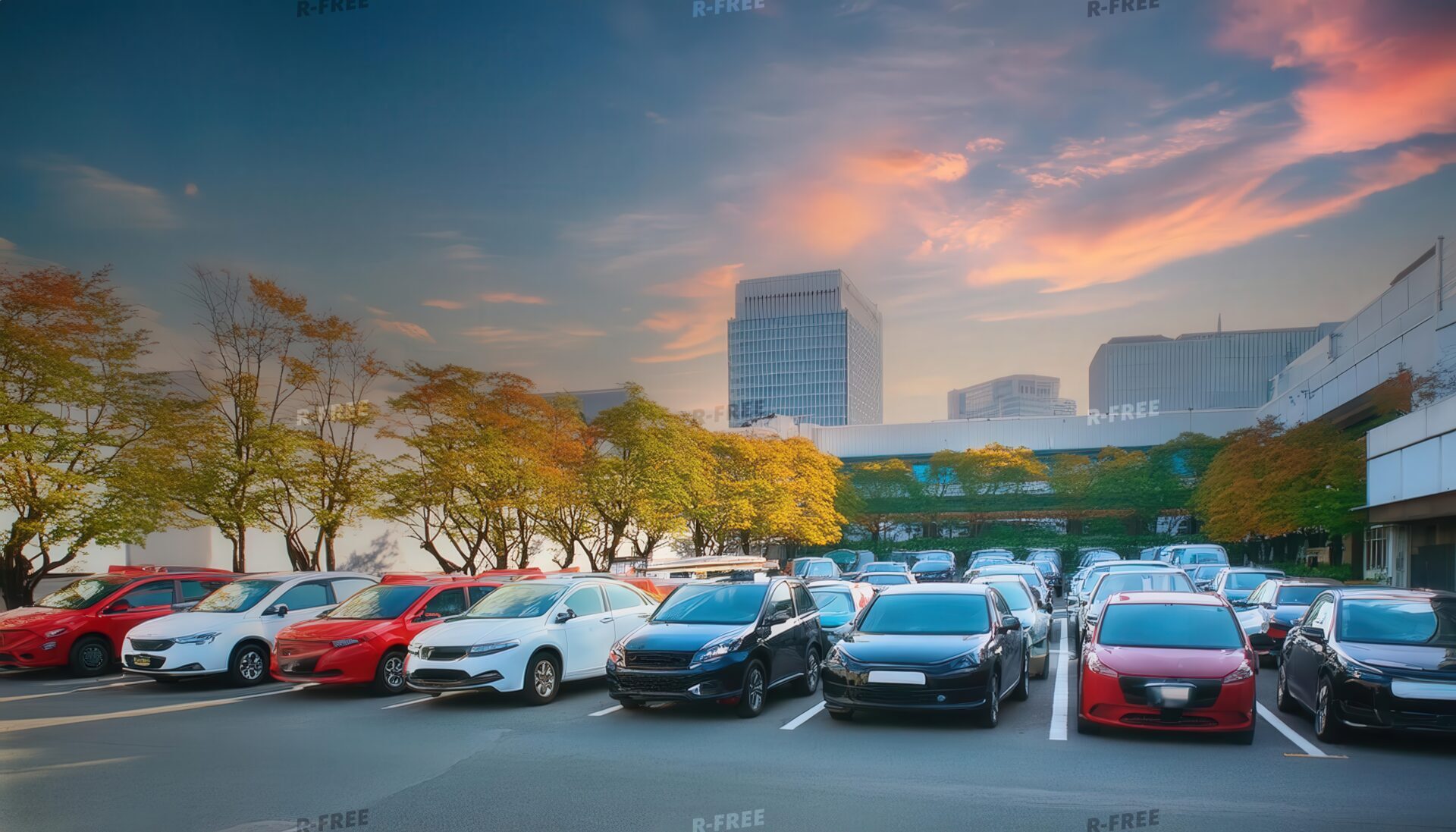 都市部のオフィスビルと駐車場