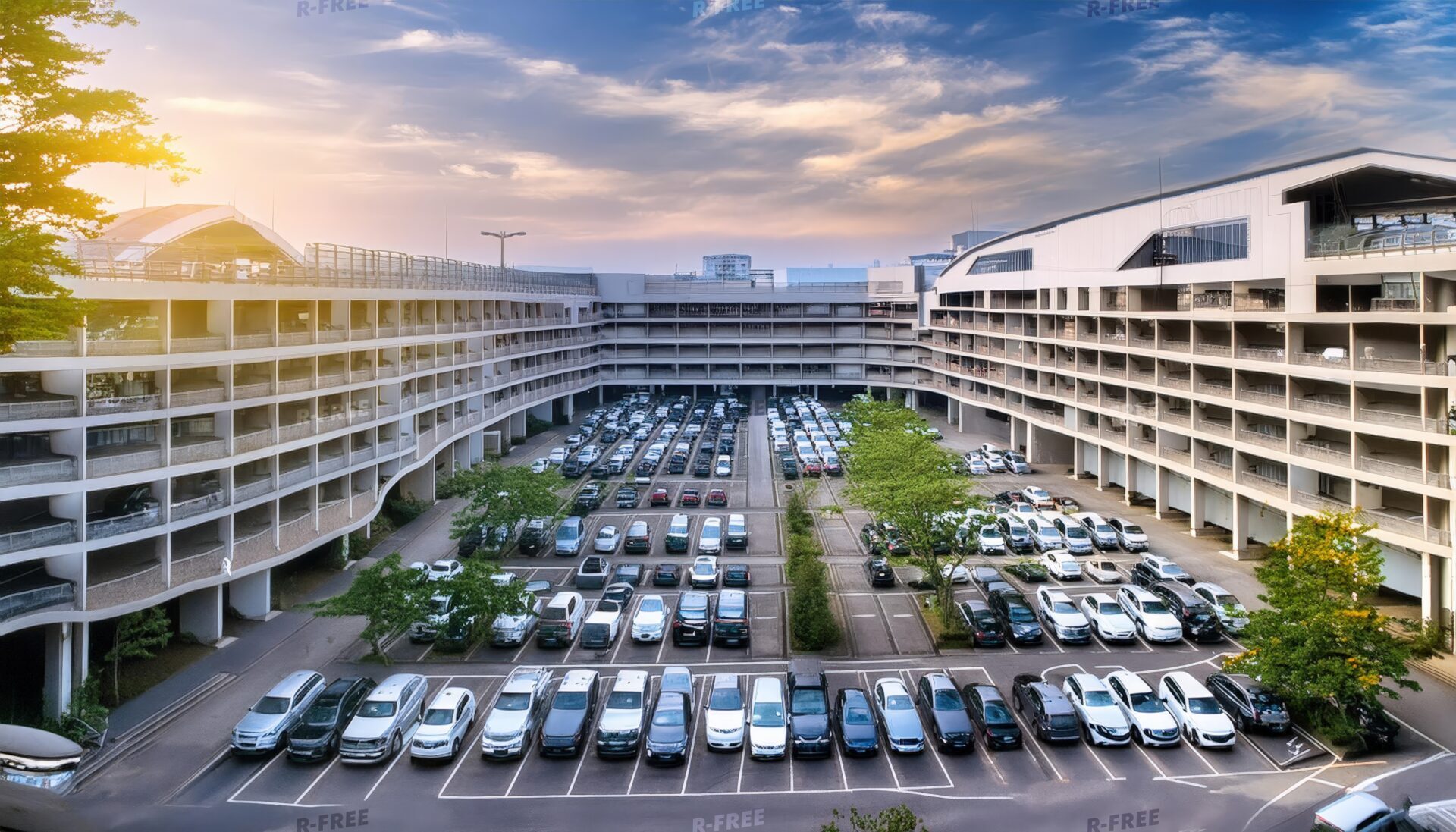 中庭風の立体駐車場と多数の車
