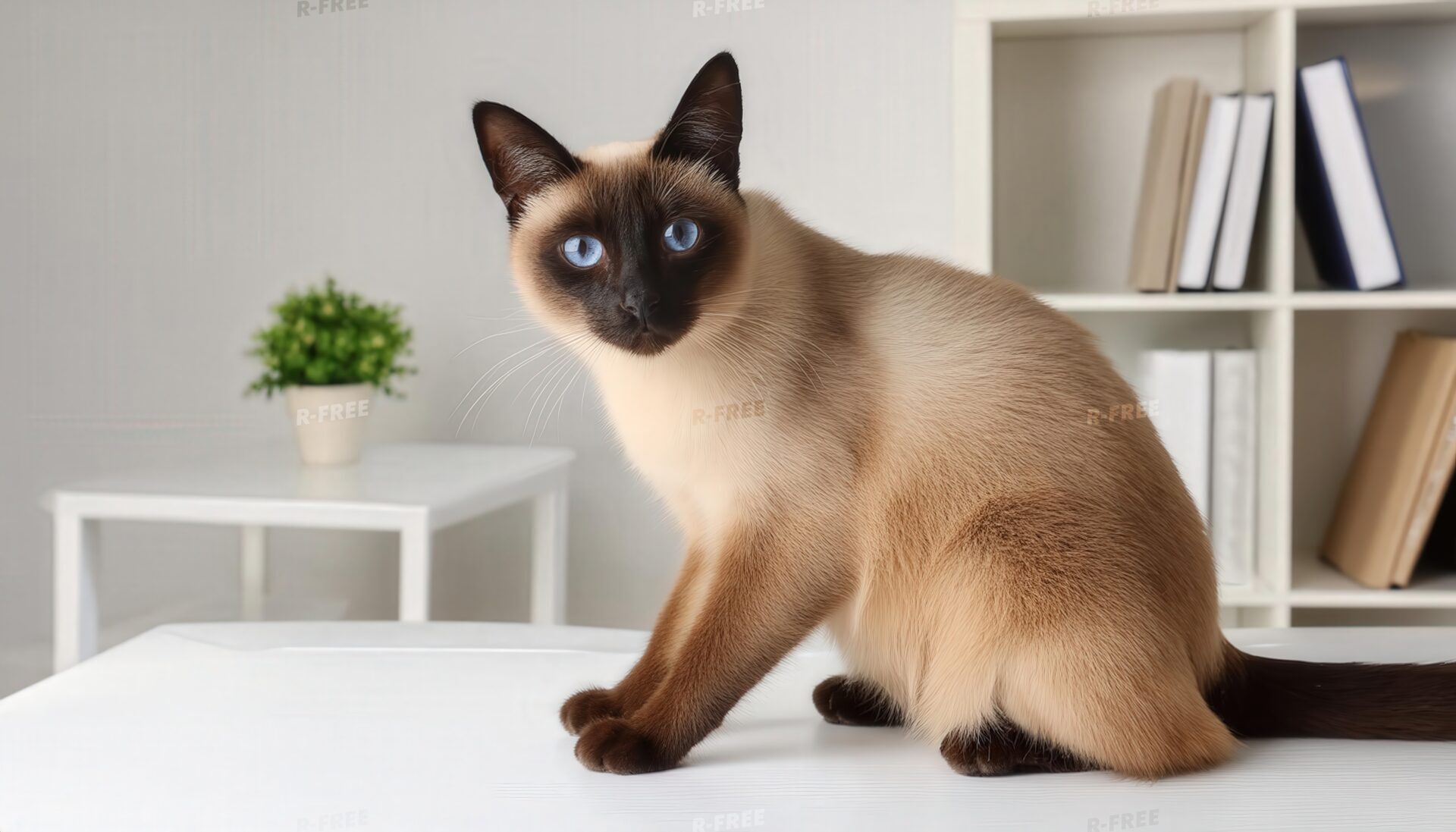 書棚とシャム猫の室内シーン