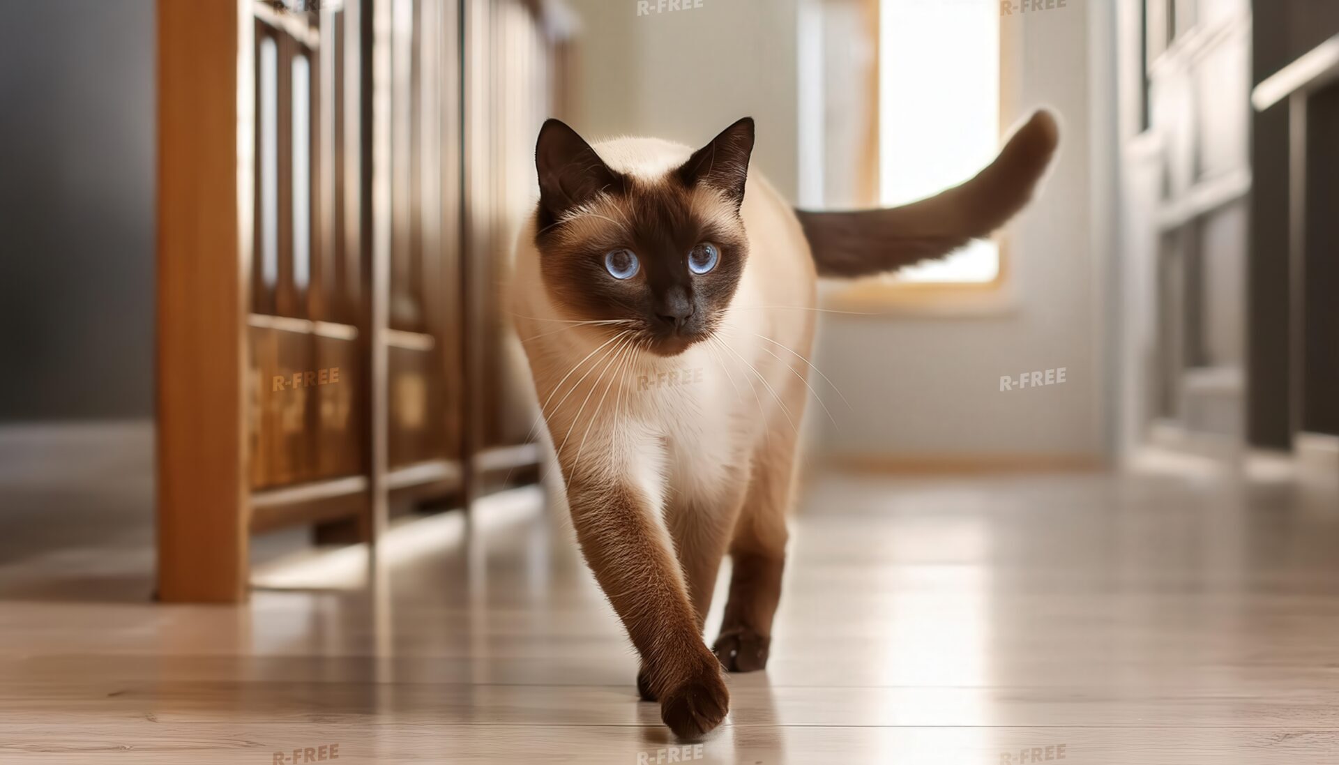 室内を歩くシャム猫